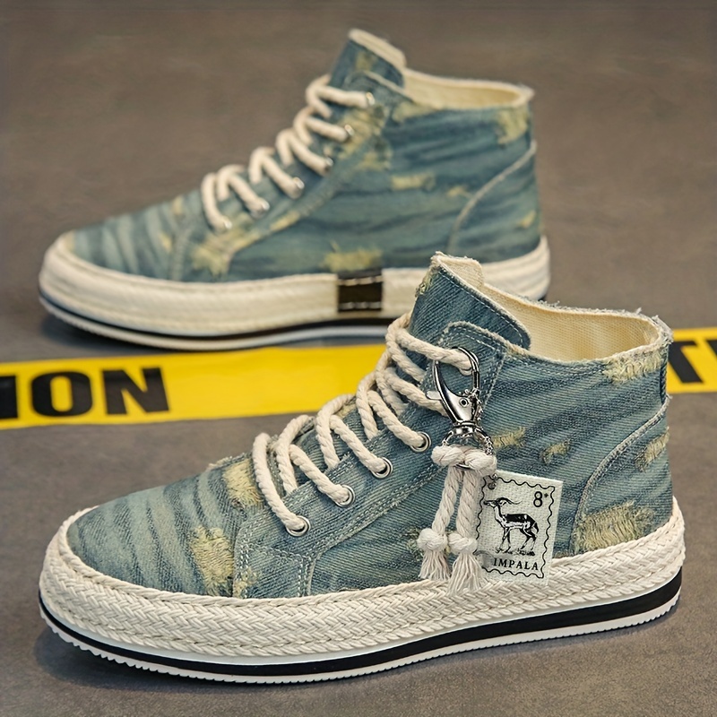 

Men's Distressed Denim High Top Skate Shoes With Good Grip, Breathable Lace-up Sneakers, Men's Footwear, Espadrilles Inspired Look