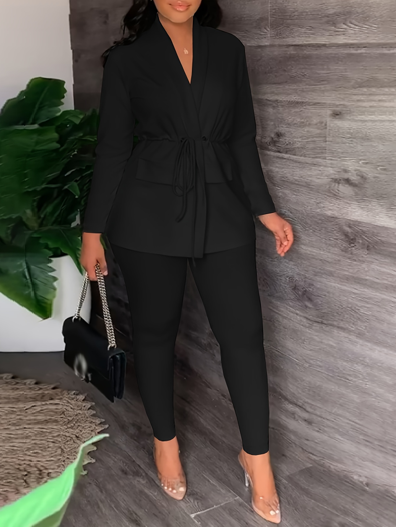 Elegant Solid Lapel Neck Long Sleeve Dark Green Plus Size Suit Sets (Women's  Plus) 
