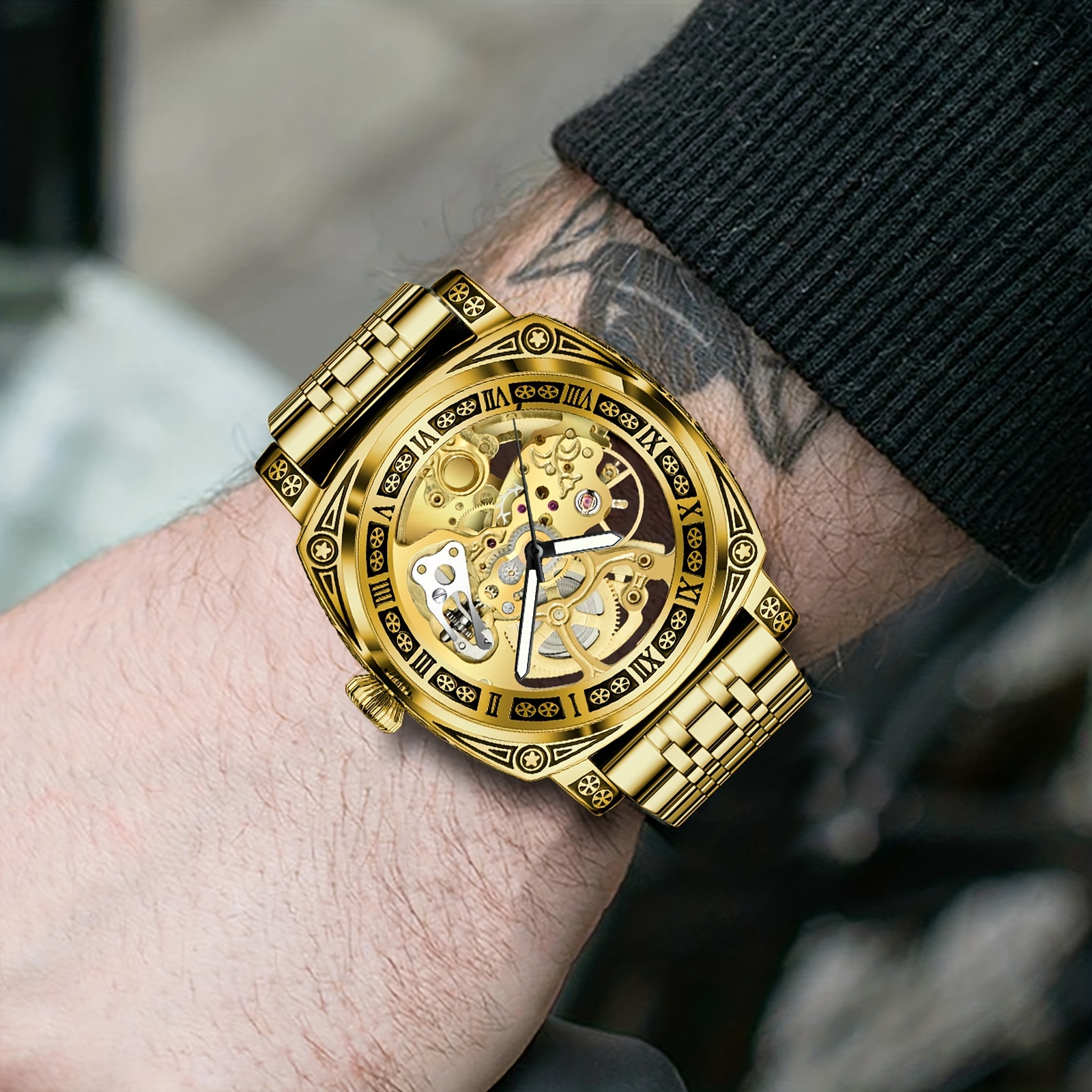 Men's Engraved Automatic Watch, Vintage Tattoo Case Hollow Waterproof Automatic Mechanical Watch With Steel Band