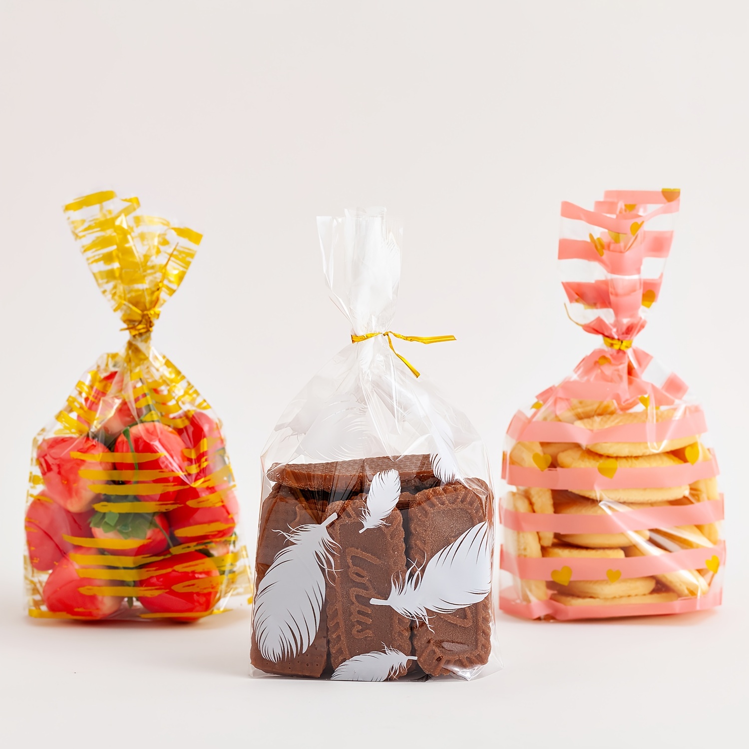  Pink Stripe Clear Cello Candy Favor Bags,Cellophane Cookie  Treat Plastic Bags,with Gold Twist Ties, Pack of 50 : Health & Household