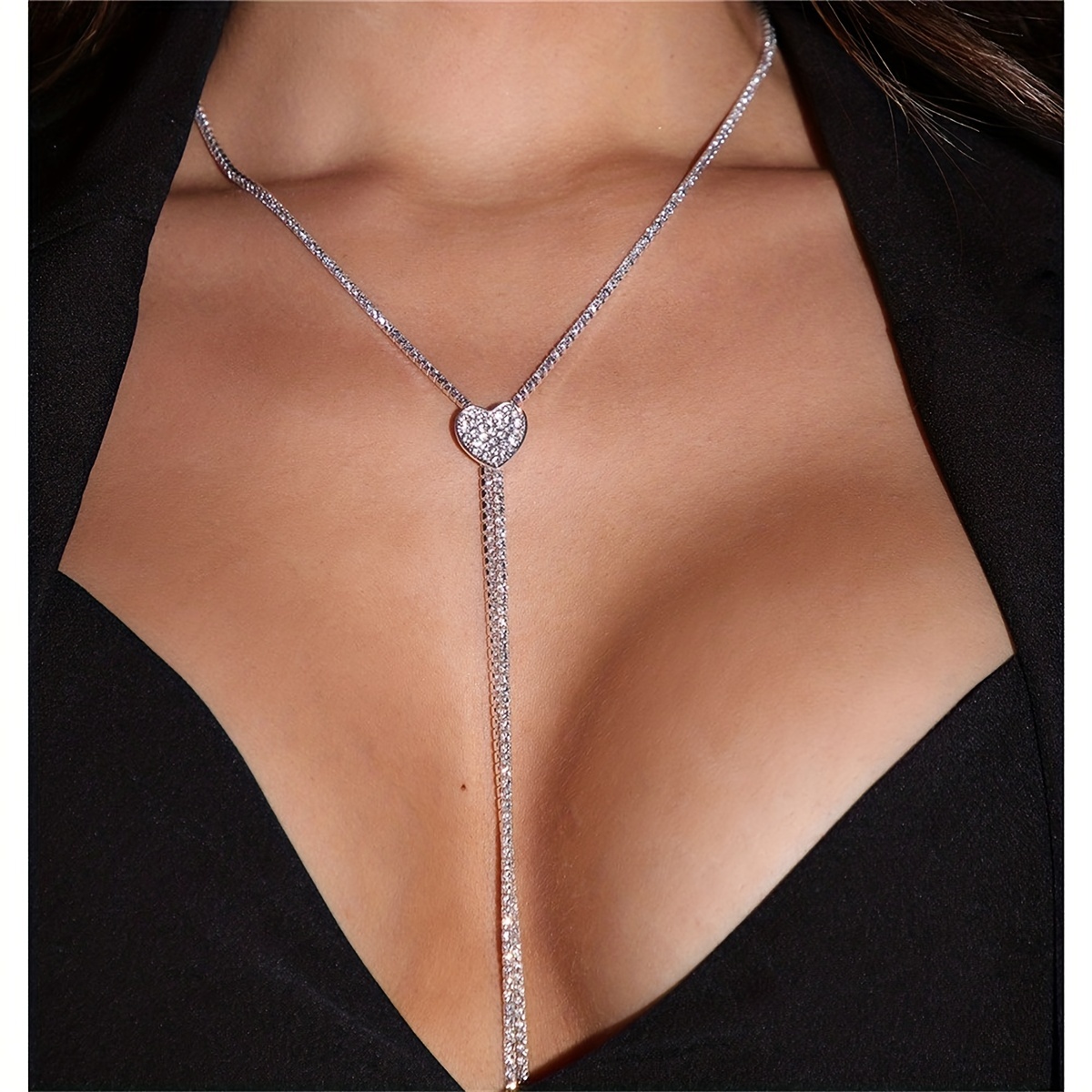 Exquisite Luxury Rhinestone Love Long Tassel Necklace Women's Personality  Shiny Crystal Clavicle Chain