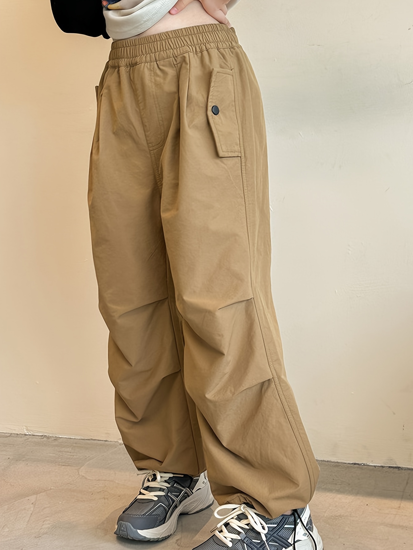 Khaki Flap Pockets Short Cargo Pants High Waist Non stretch - Temu