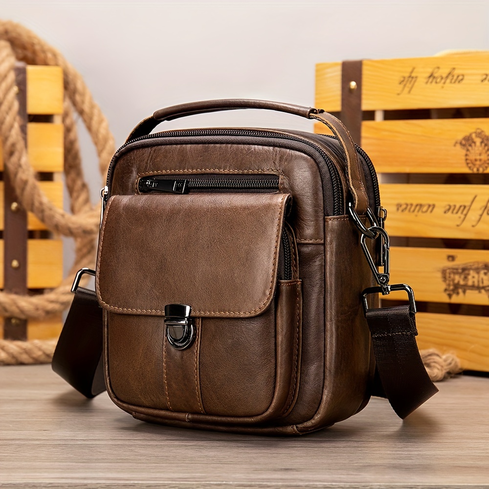 Brown Genuine Leather Crossbody Bag with Multiple Pockets
