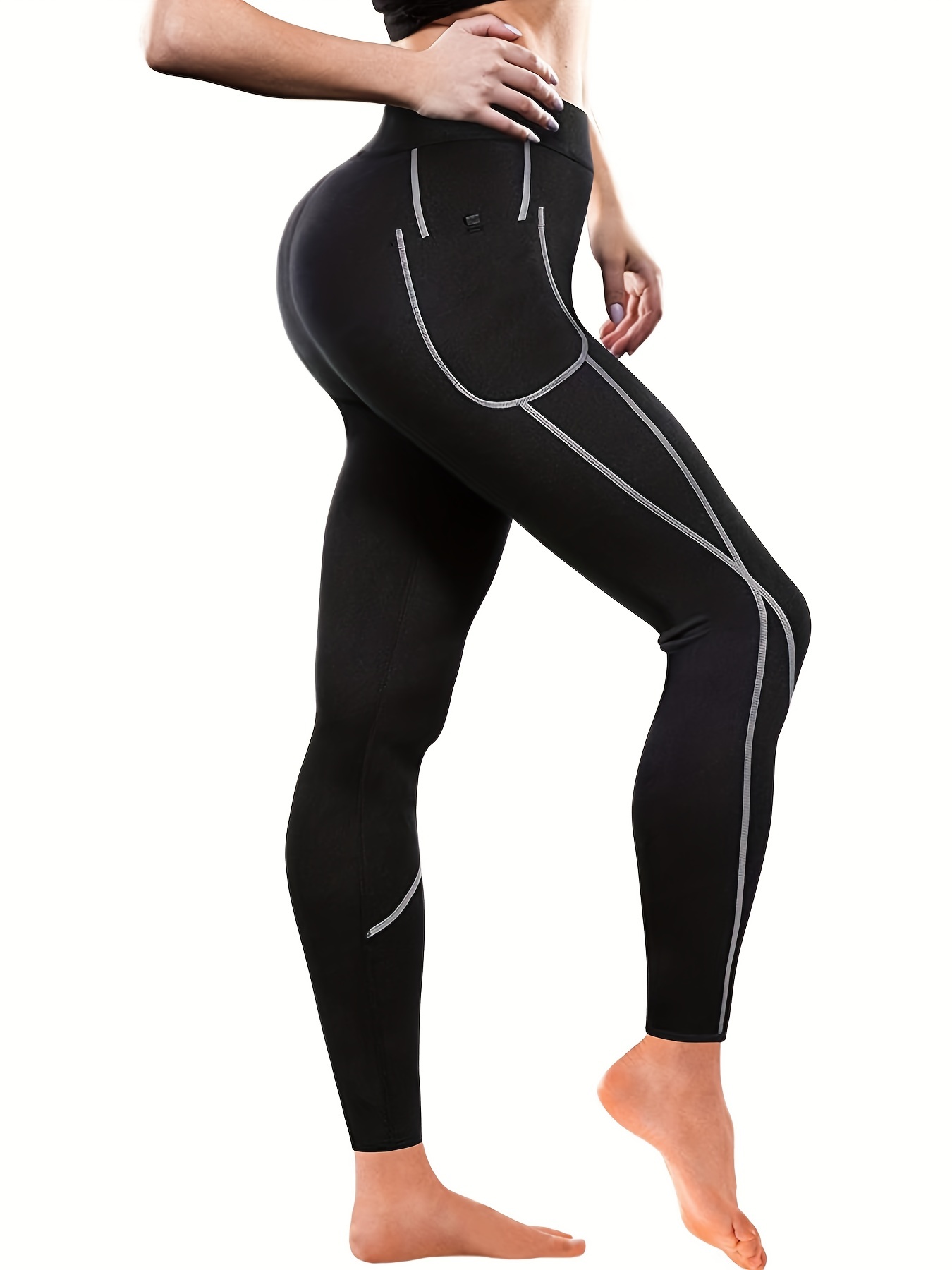 Black Thermal Sweat Absorption Sauna Leggings, Patched Pockets Body Shaped  Slimming Sports Pants, Women's Activewear