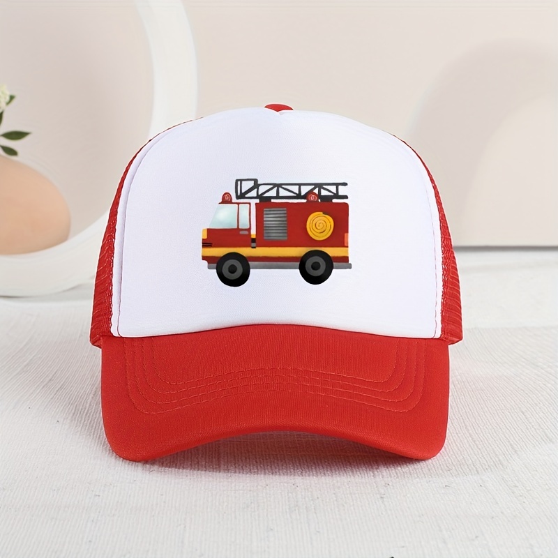 

Casual Trendy Fire Truck Mesh Stitching Cap, Sun Protection Comfortable Breathable Cap For Summer Holiday Outdoor Traveling Boys And Girls Accessories For King's Day
