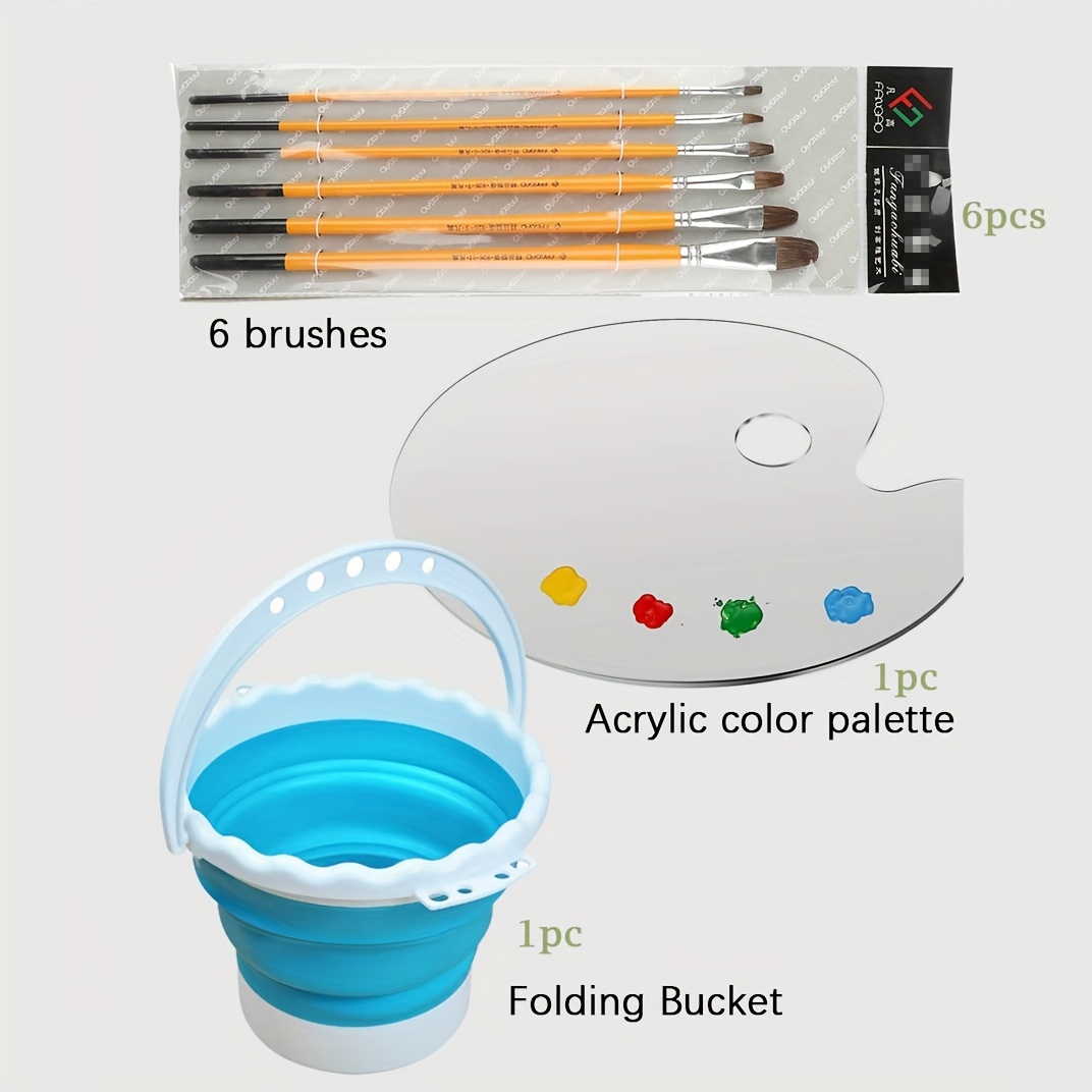 6pcs Painting Pen + Folding Bucket + Acrylic Palette Three-piece Painting  Supplies Set Art Supplies Set