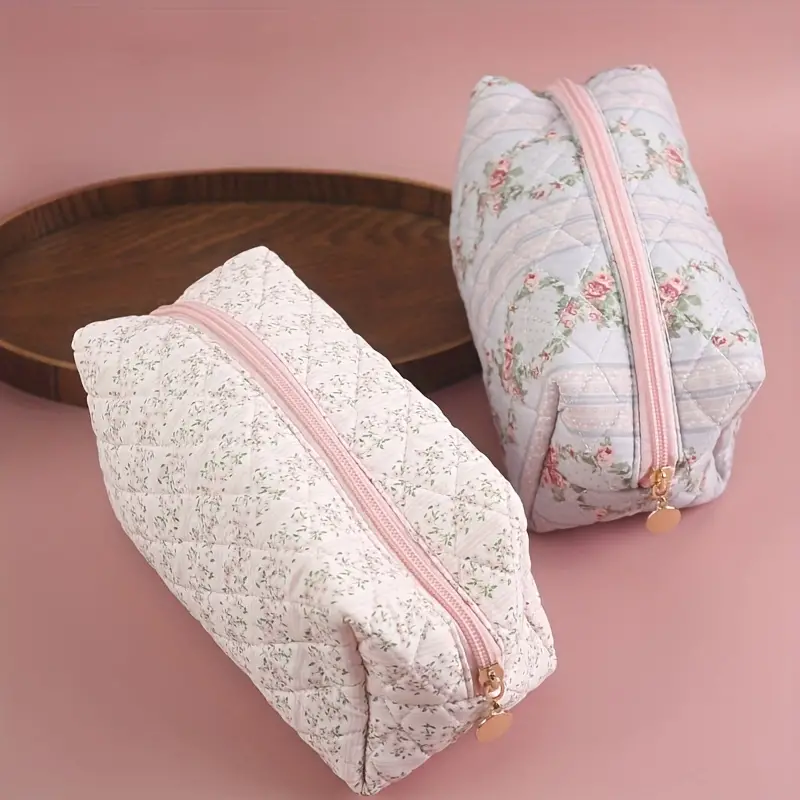 Floral Quilted Makeup Bag Cute Style Travel Zipper Cosmetic - Temu