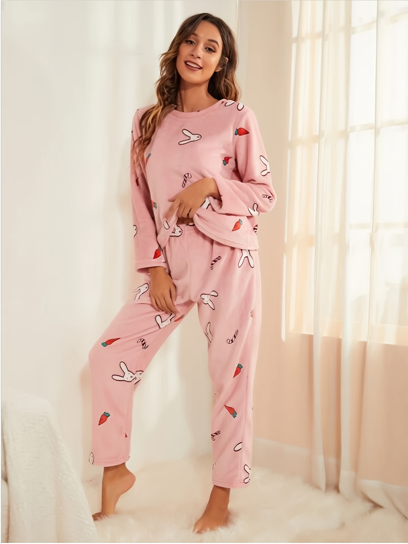 2PCS/Set Women Pajamas Cute Cartoon Long Sleeved Tops + Trousers Winter  Lady Sleepwear Home Wear