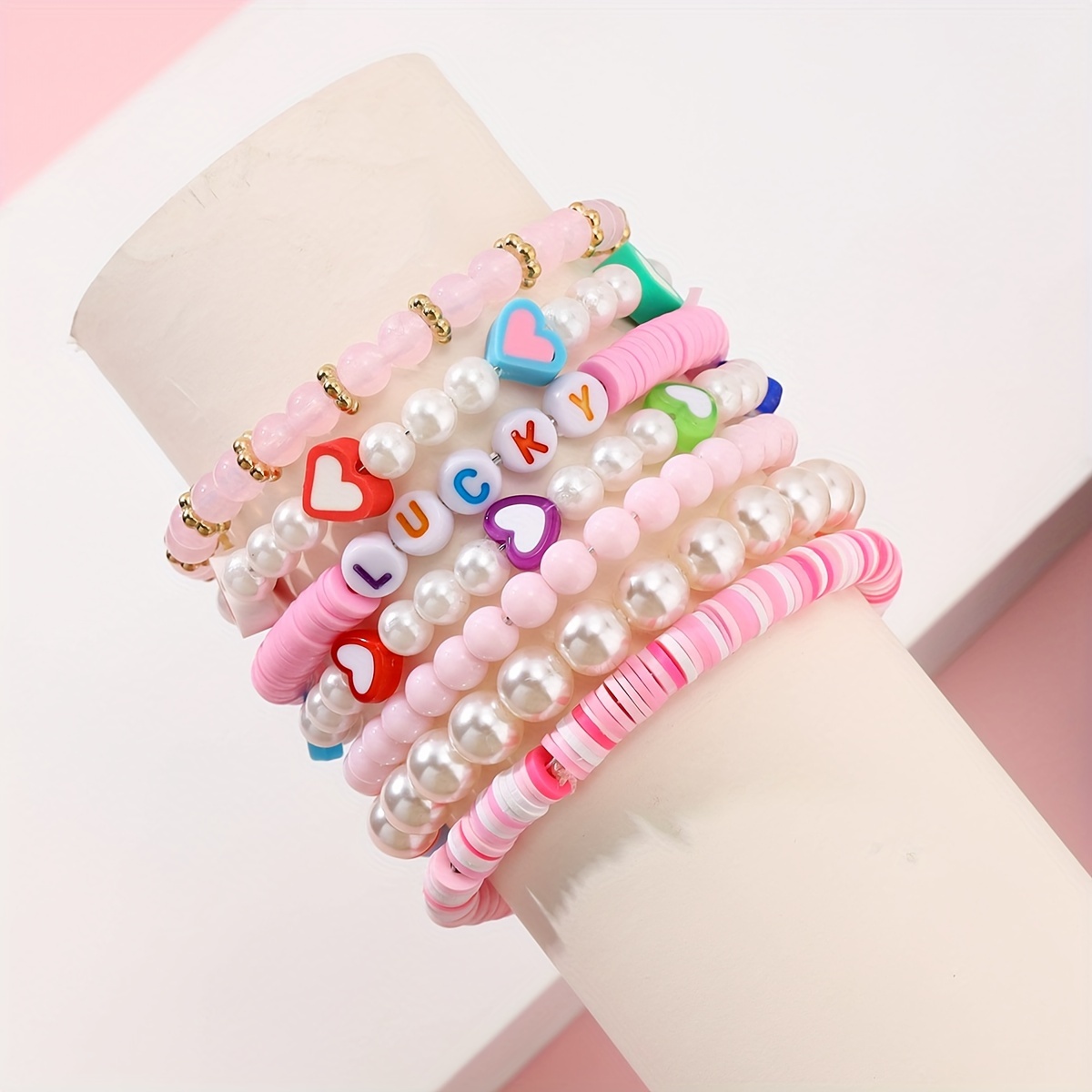 Heart Elastic Beaded Bracelet Set Candy Color Stackable Hand Jewelry, Jewels for Women & Girls Daily Wear Boho Style Cute Jewelry Accessories,Temu