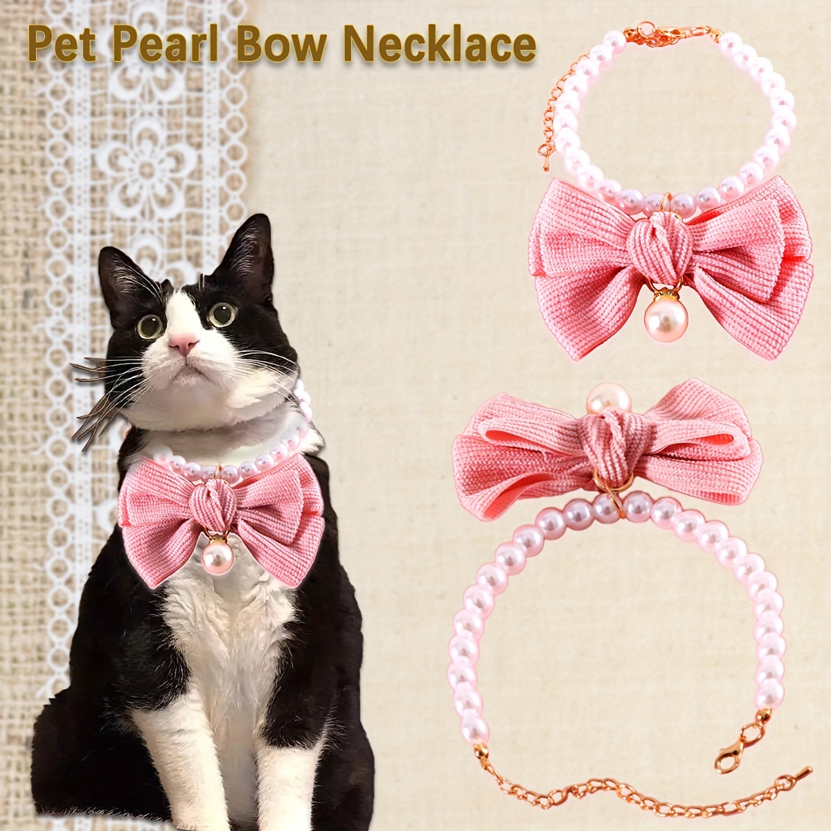  hatleues Collar de perlas de gato con colgante de corazón,  ajustable, ligero, collar de perlas de imitación para mascotas, gatos,  collar con colgante de corazón para mascotas, gatos, perros pequeños, 
