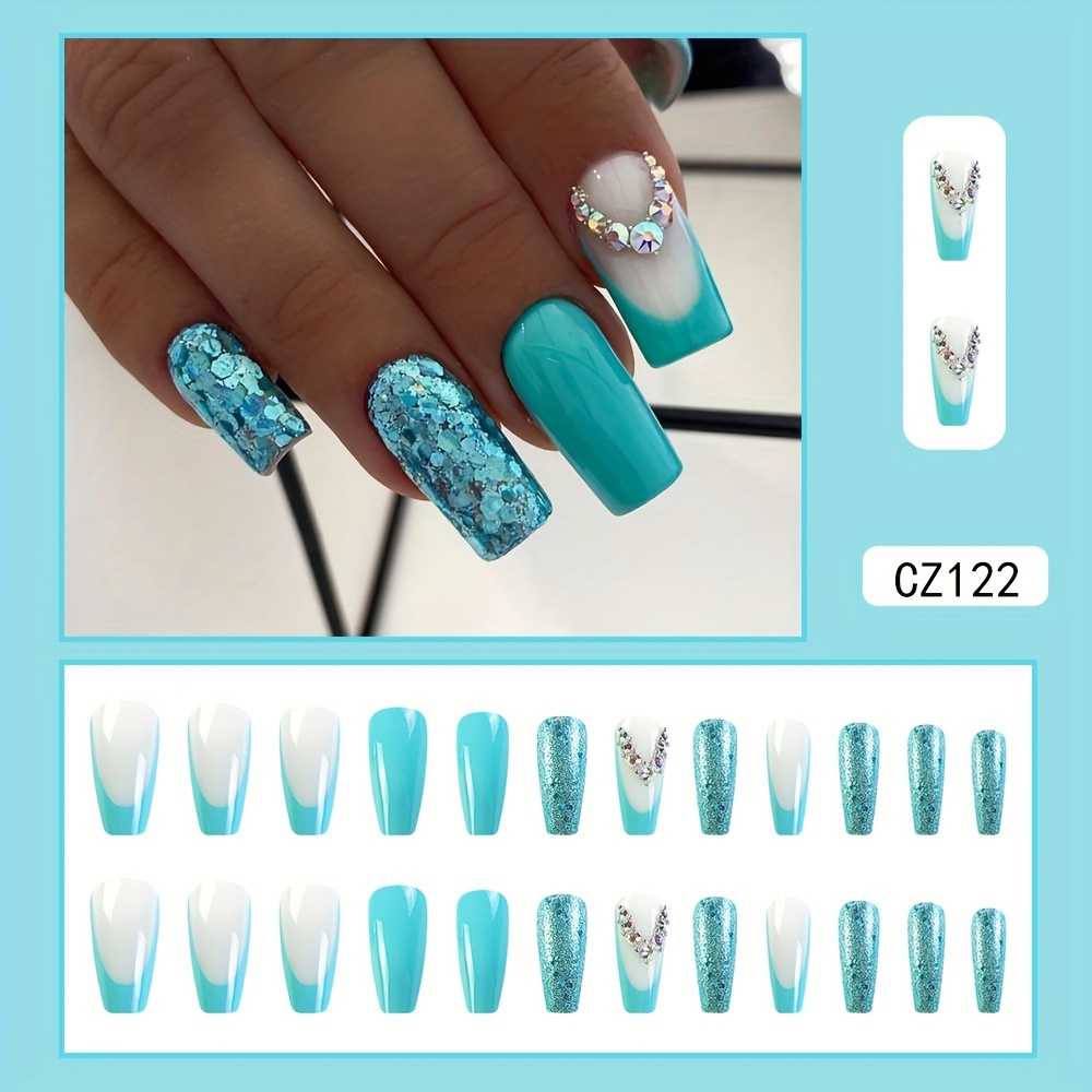 24pcs Green Square Press On Nails Glitter Rhinestone False Nails