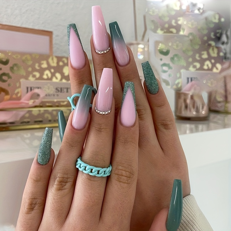 Glitter French Tip * Nails, Mint Green Ombre Press On Nails Long Ballet  Shape, Sweet * False Nails With Shining Rhinestone Design For Women Girls