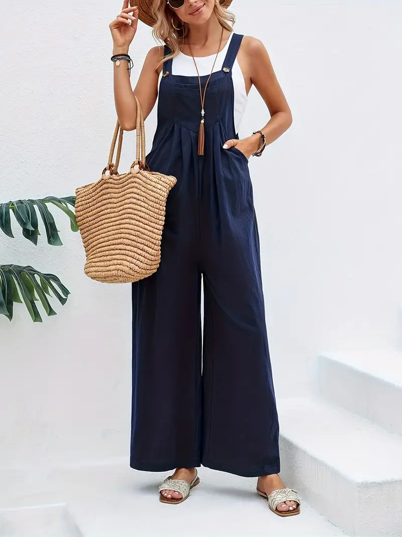 boho solid sleeveless long length jumpsuit casual baggy jumpsuit with pockets womens clothing navy blue 2