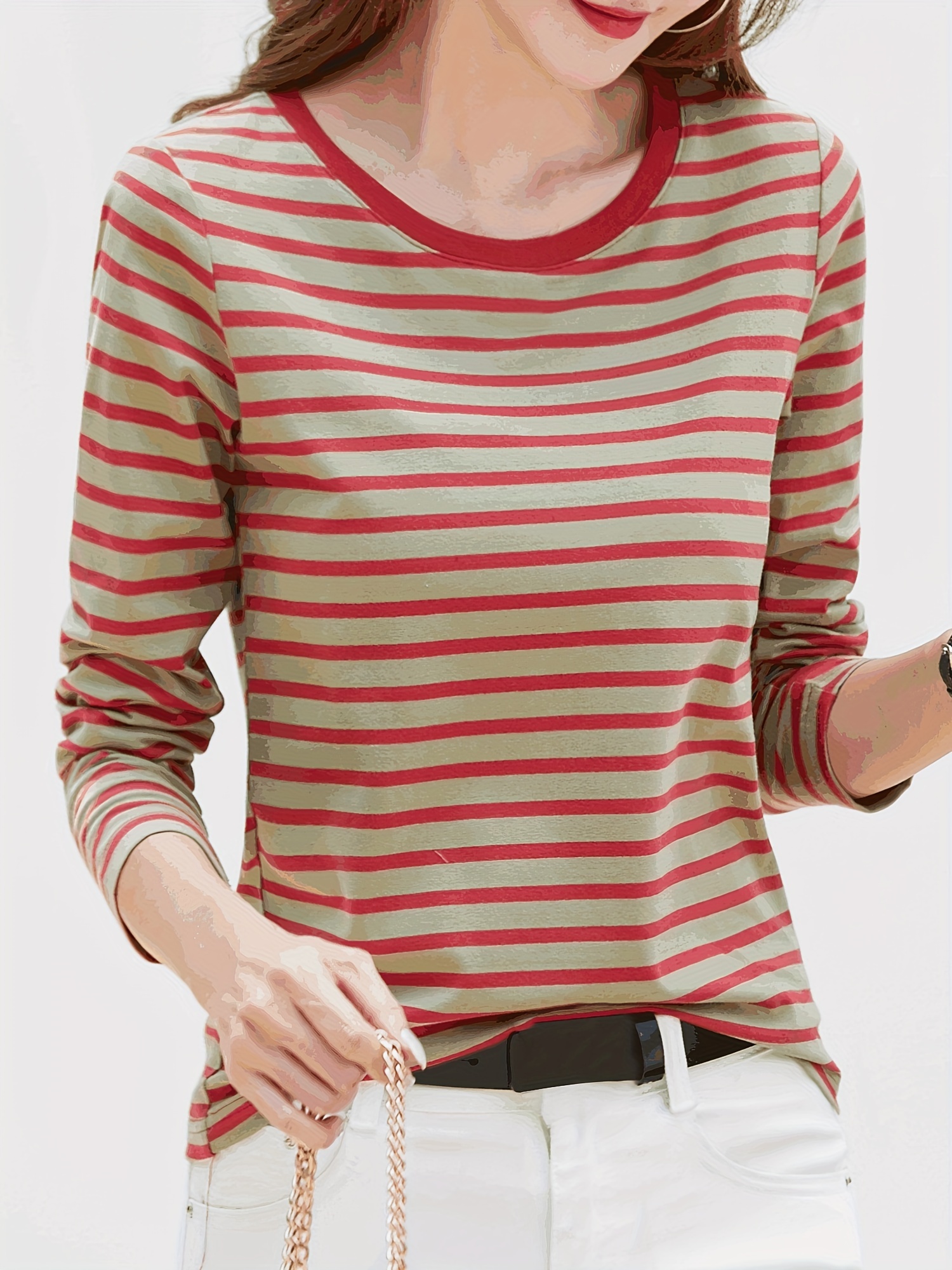 striped print crew neck t shirt casual long sleeve t shirt for spring fall womens clothing red 3