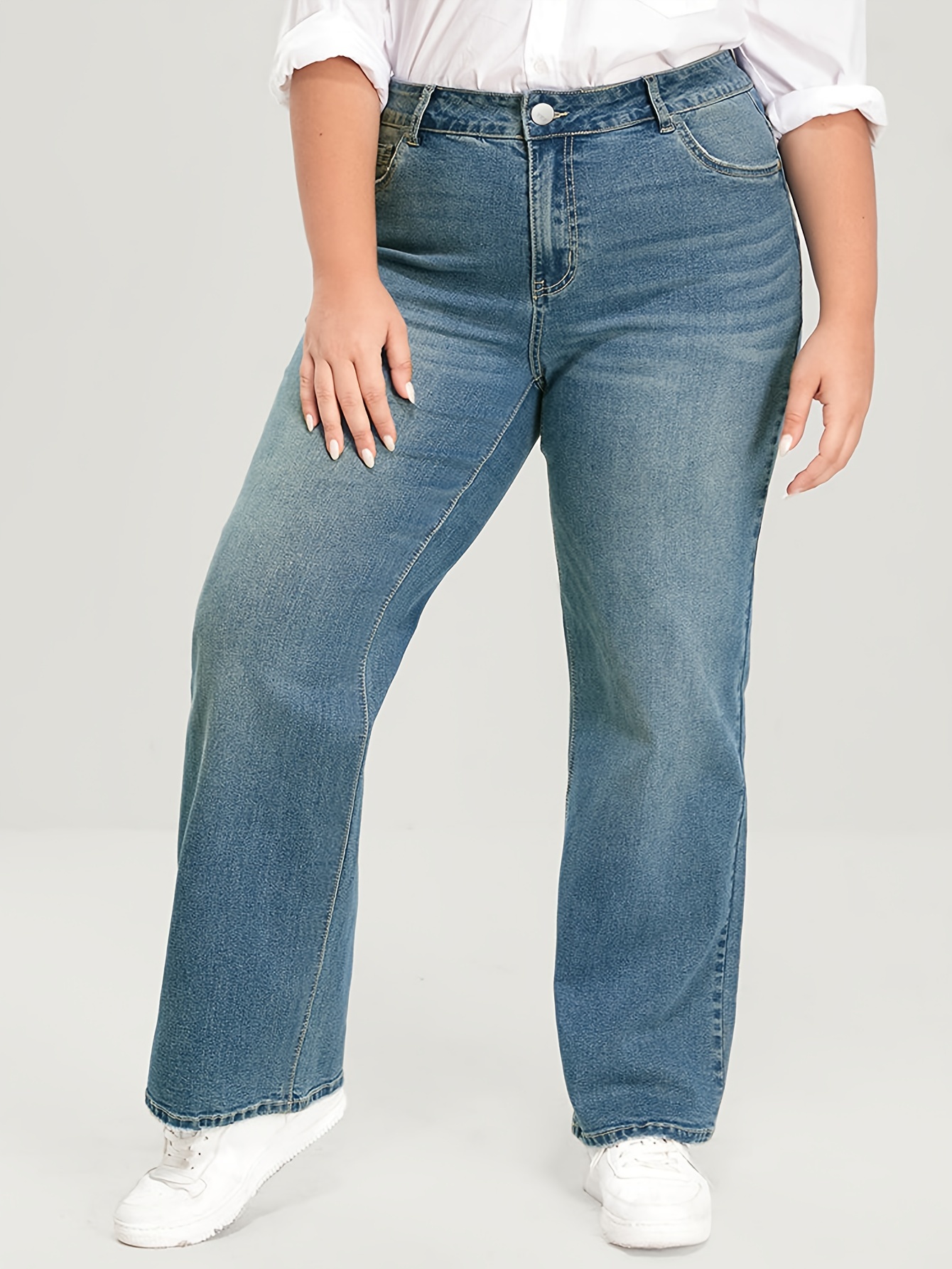 Plus Size Casual Jeans Women's Plus Washed Button Fly Medium - Temu