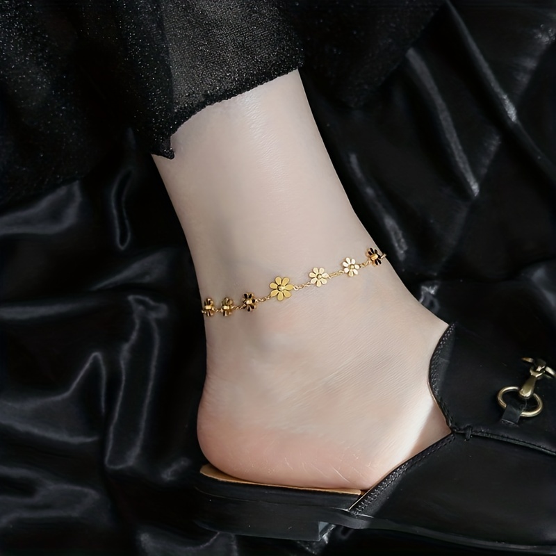 Women Girl Titanium Stainless Steel Gold Daisy Flower Anklet Foot
