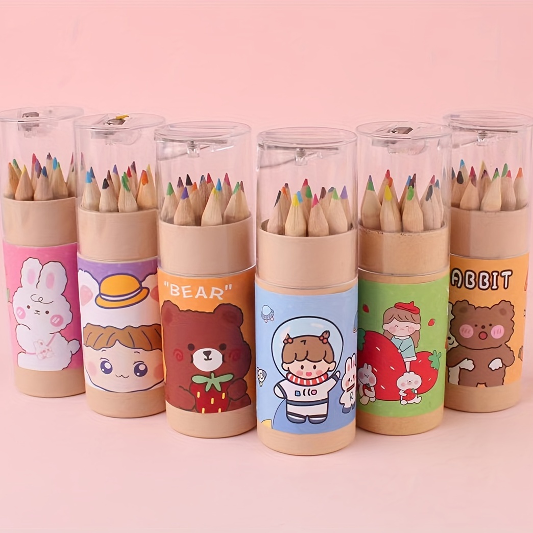 Pomeat 3 Pack Cute Cartoon Bear Mini Drawing Colored Pencils with Sharpener  3.5 Length Portable 12 Count in Tube