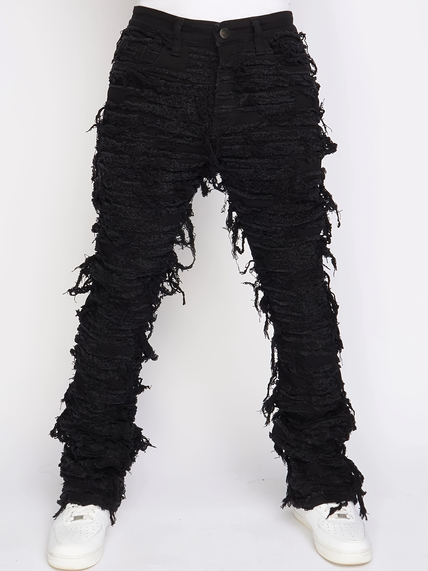 Mens Denim Trousers Black Ripped Jeans Paint Splatter Stretch Frayed  Straight