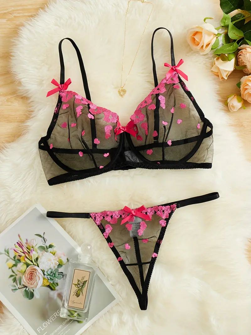 Floral Embroidery Lingerie Set Open Cup Bra Thongs Women's - Temu