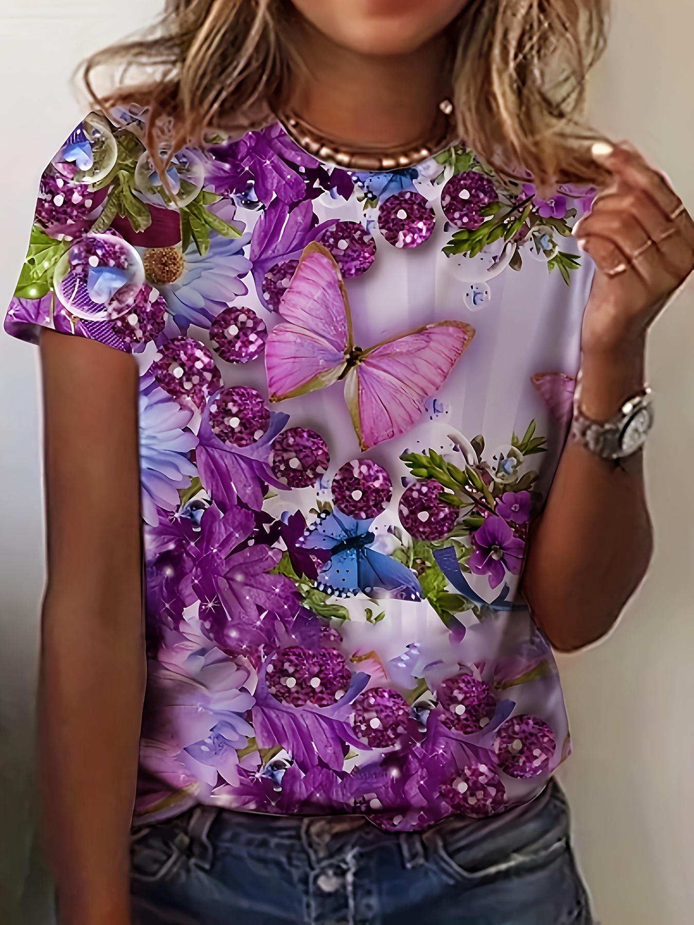 2DXuixsh Shirts for Women Tall Women Fashion Reflective Butterfly Print  Short Sleeved T Shirt Crop Top Plain Long Sleeve Shirt Womens Tops T Shirts