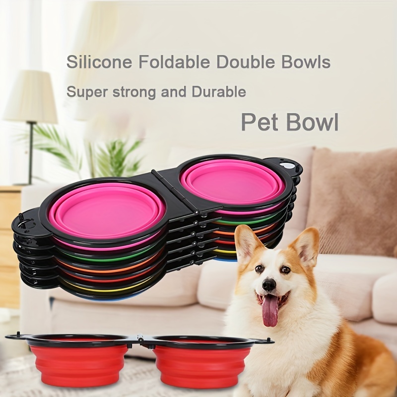 Collapsible Double Dog Bowl Portable Silicone Pet Food - Temu
