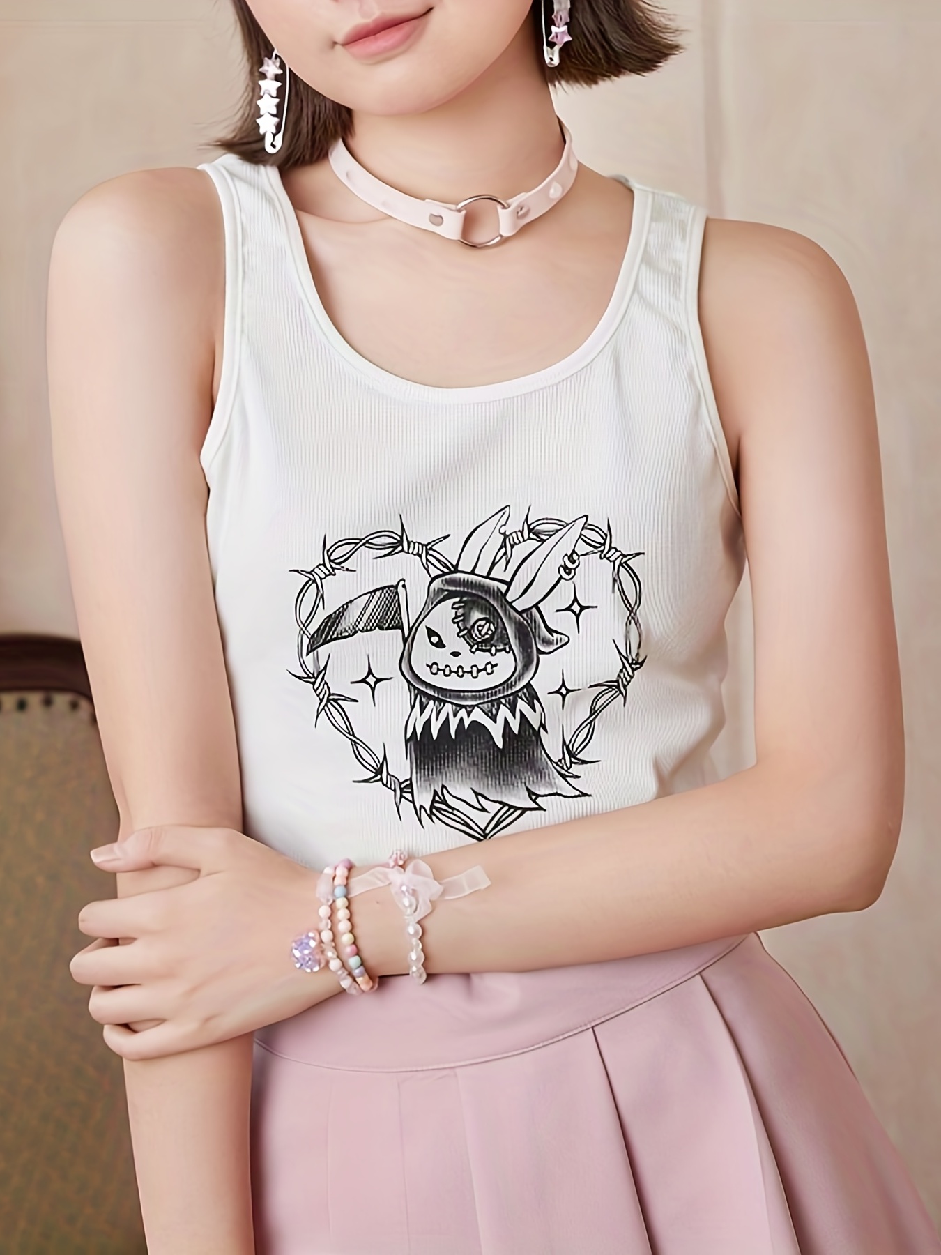 Kawaii Cartoon Graphic Tank Top, Camiseta Casual de Verão sem Mangas com  Gola Redonda, Roupas Femininas - Temu Portugal