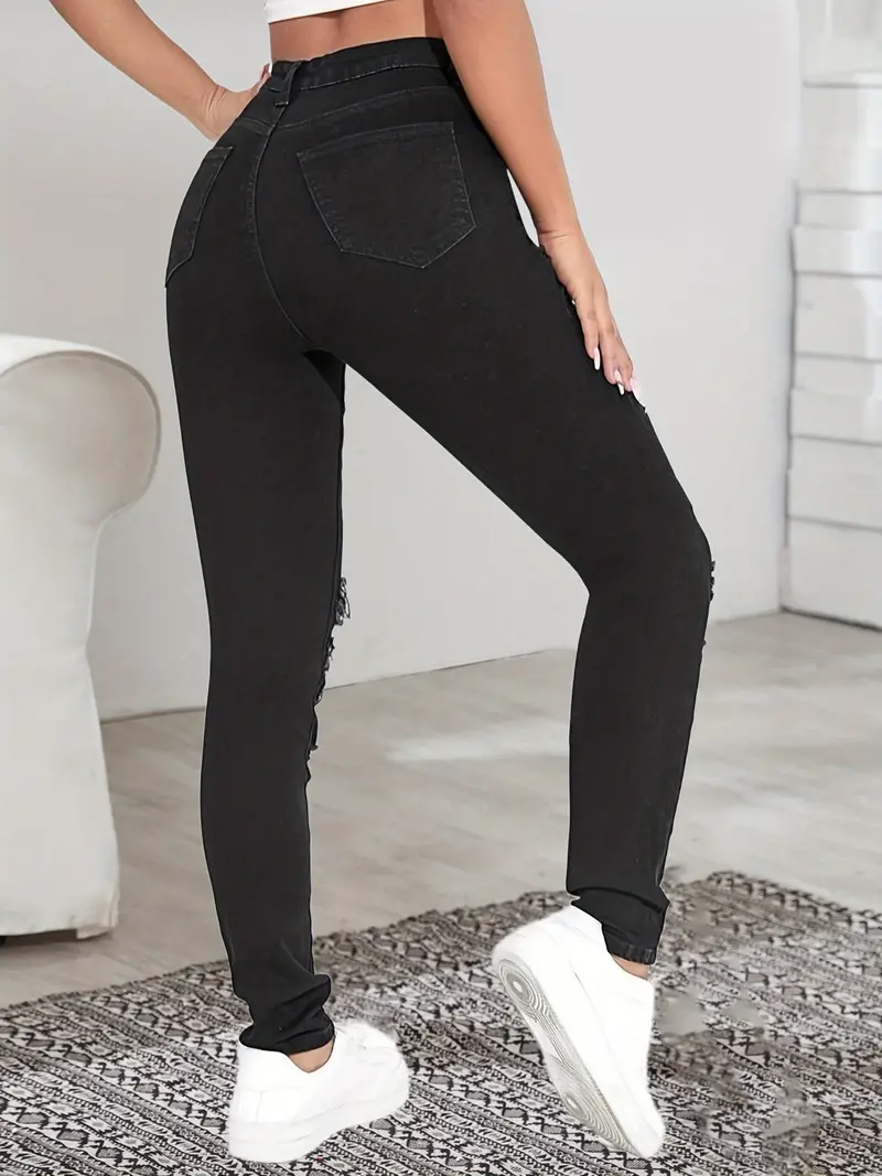 Women's Black Ripped Skinny Jeans Ripped Holes Skinny Jeans - Temu