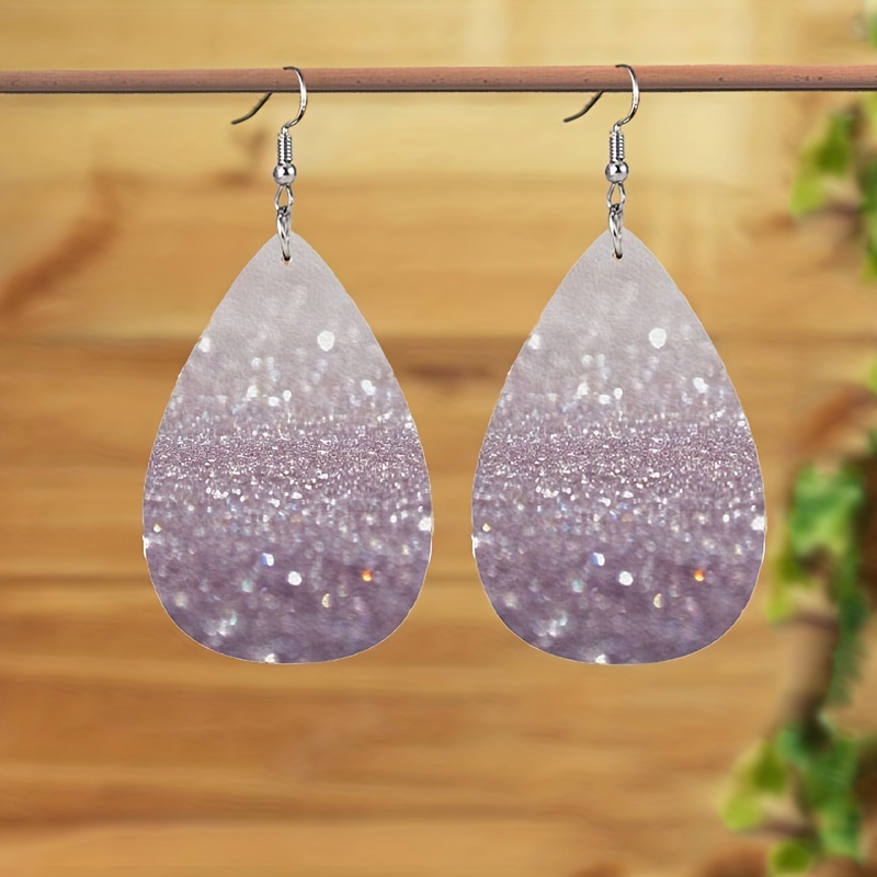 Shiny Light Purple Leather Earrings Water Drop Shape Dangle - Temu