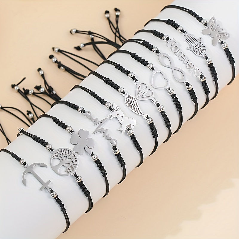 

12pcs/set Hand Of Fatima Unicorn Heart Stainless Steel Charms Bracelet Set, Braided Adjustable Black String, Unisex Charm Wristband Jewelry
