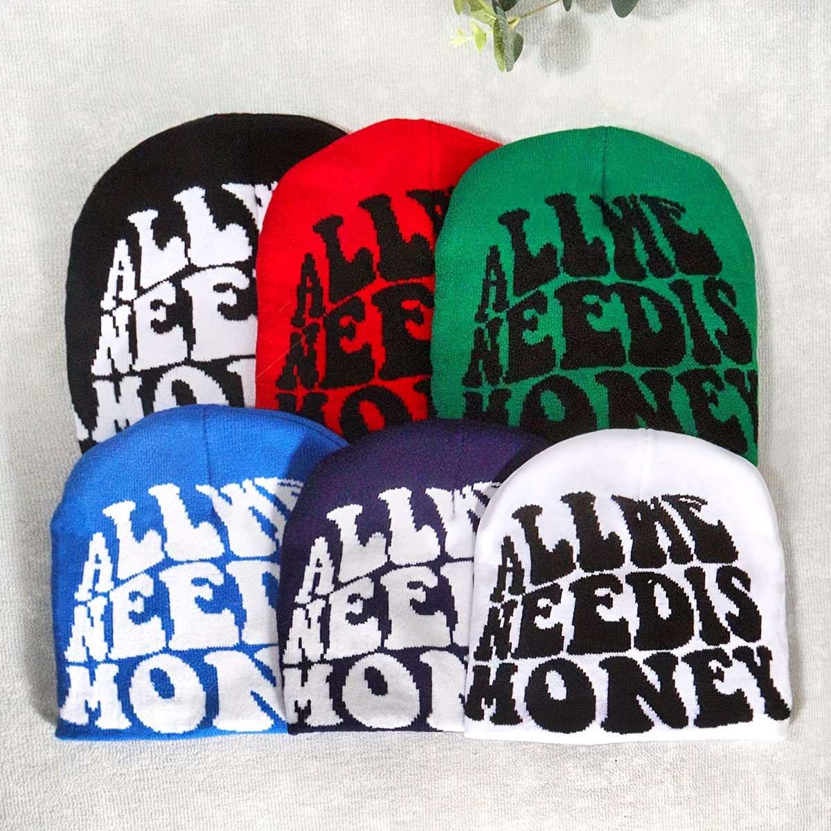 

Money Slogan Jacquard Y2k Beanie Color Block Hip Hop Knit Hats Unisex Elastic Beanies Warm Skull For Women Men