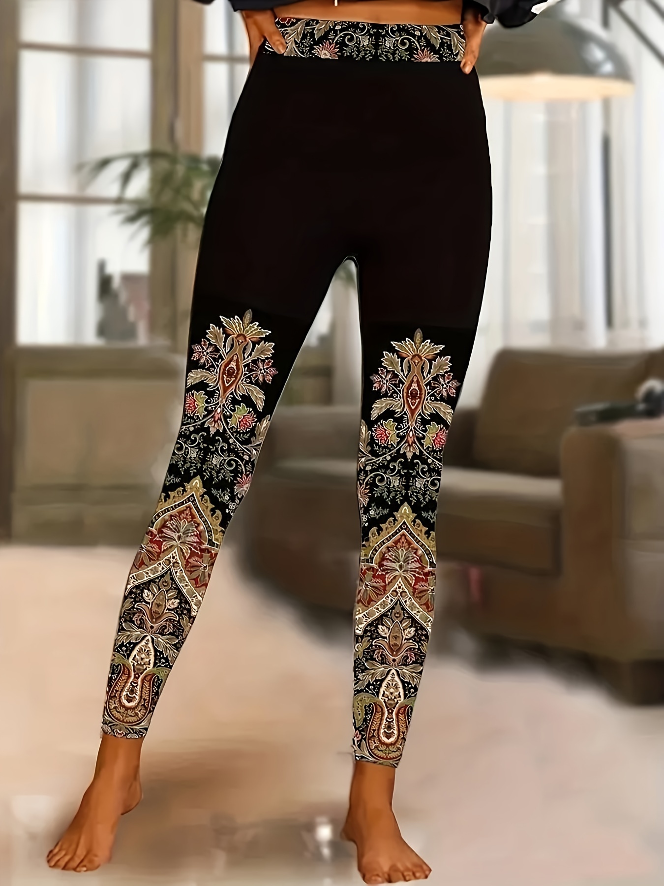 Ethnic Floral Print Skinny Leggings Casual High Waist - Temu Canada