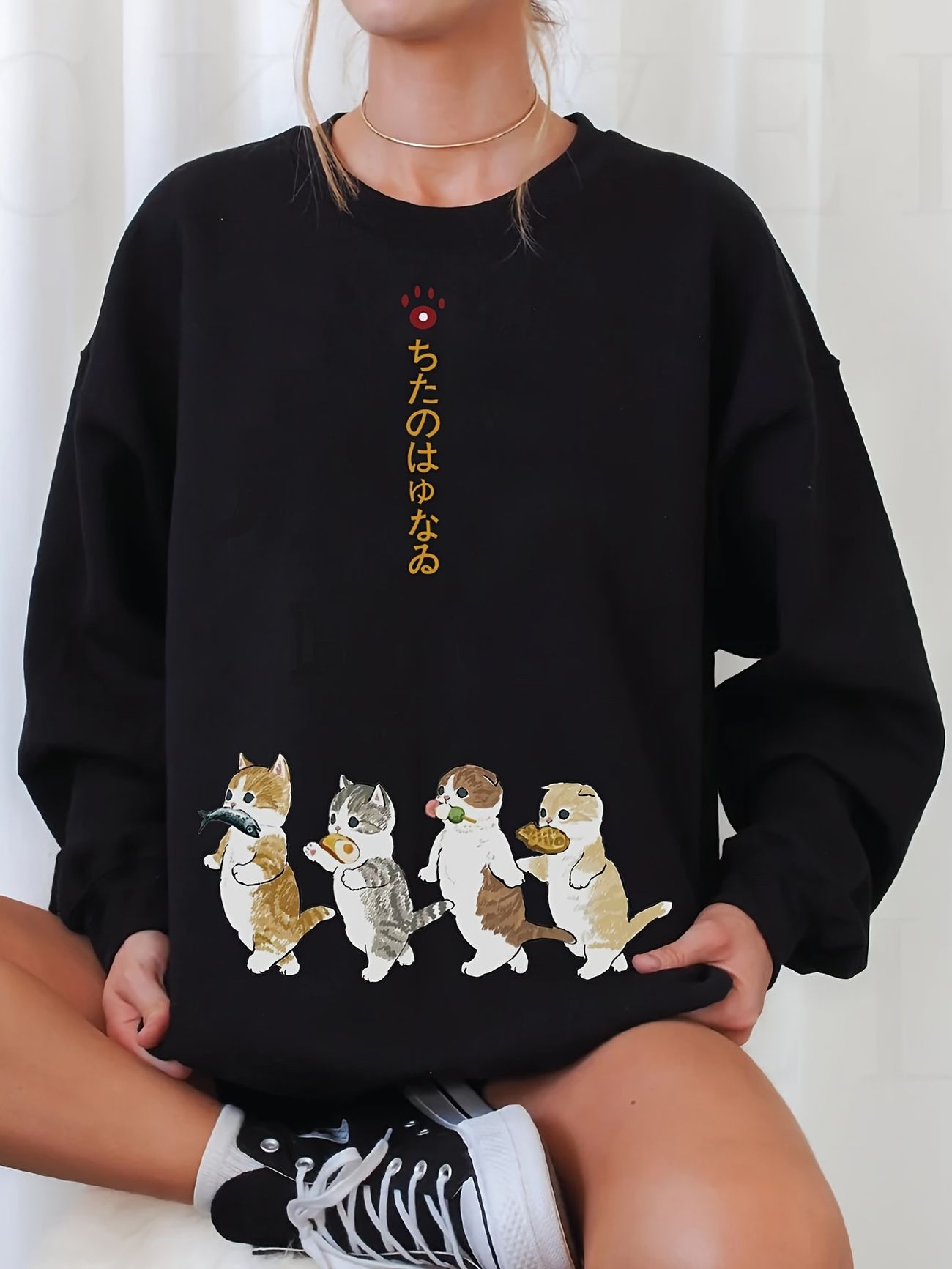Cartoon Graphic Crew Neck Sweatshirt, Women's Japanese Cute Cat Graphic  Print Solid Long Sleeve Casual Women's Clothing Hoodie - Temu