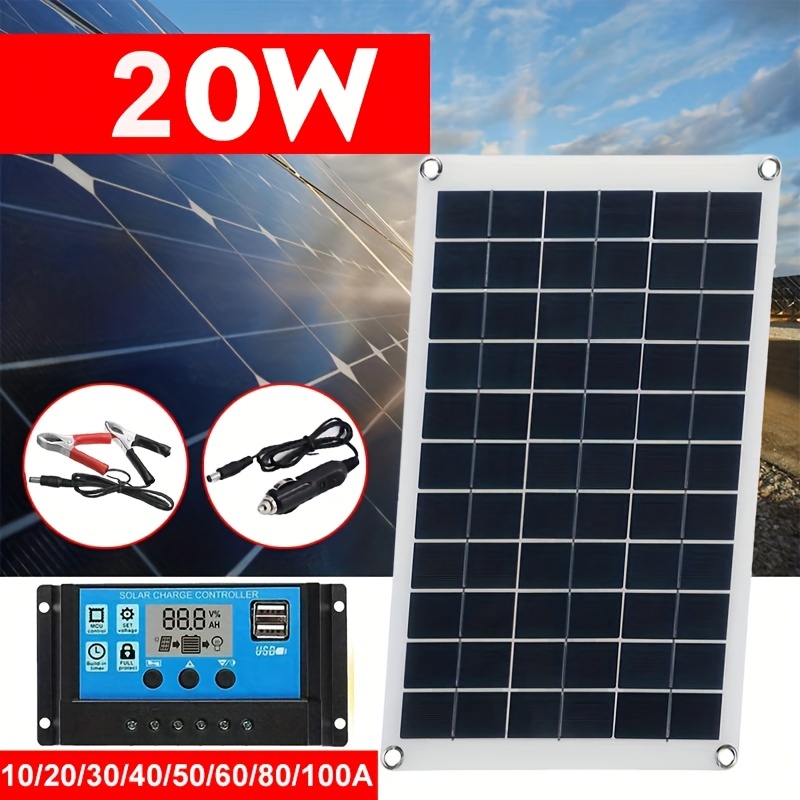 1pc, Complete Solar Panel Kit: 20w Power Supply, Dual 5/18v Usb,  10a/20a/30a Solar Controller - Perfect For Car, Yacht, Rv, Boat, Home,  Camping