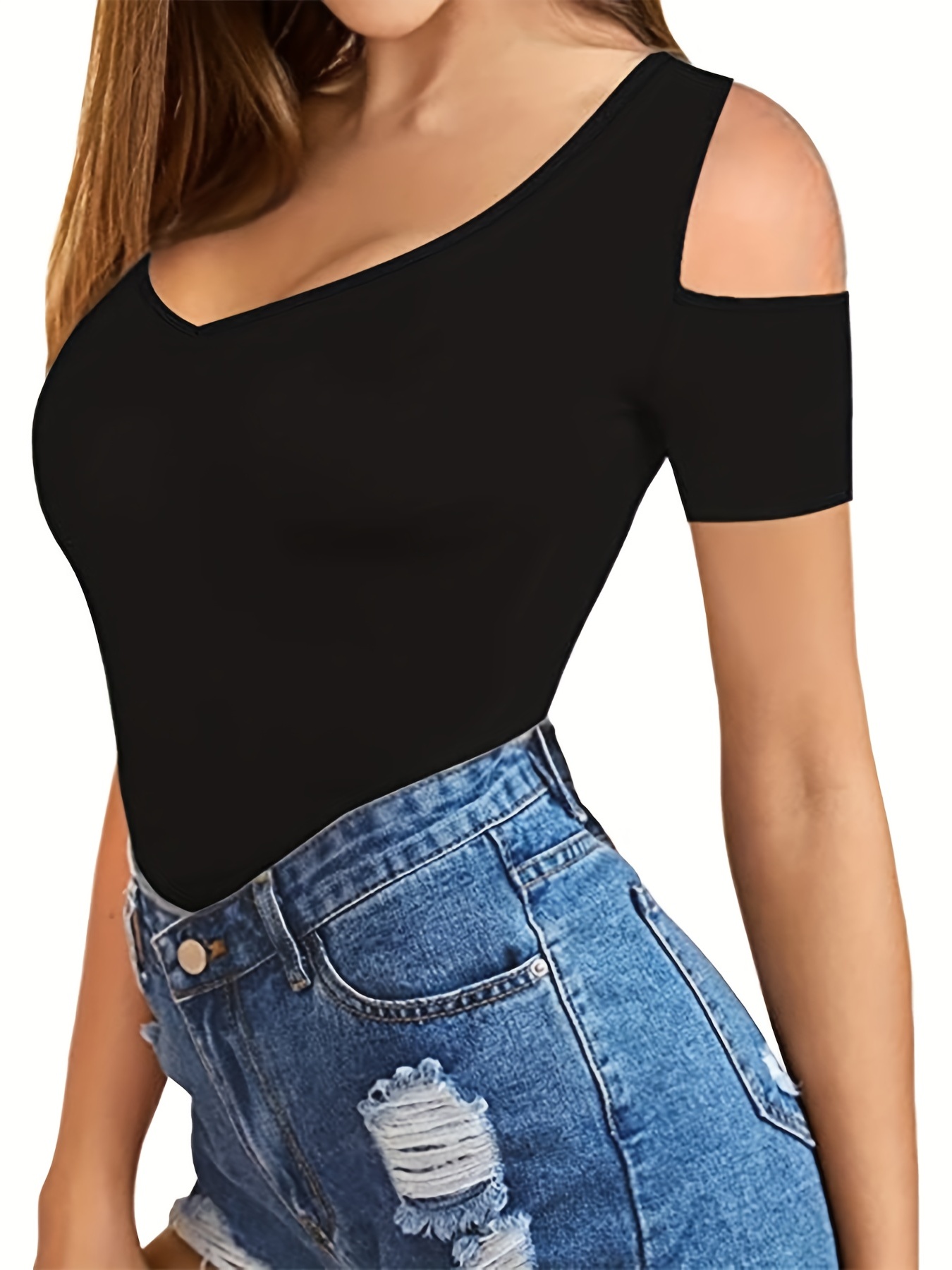 Cold Shoulder V neck Bodysuit Sexy One Piece Bodysuit Temu