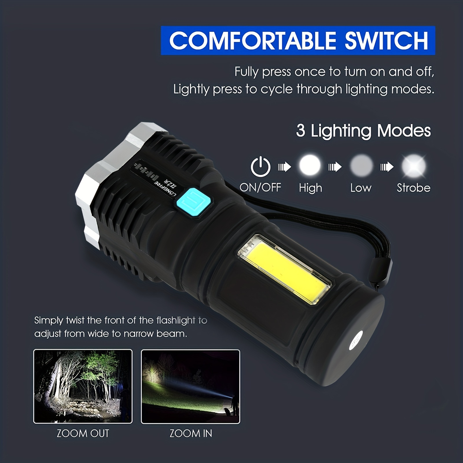 led rechargeable tactical flashlight with multi function display super bright led 4 brightness modes for camping hiking emergency details 4
