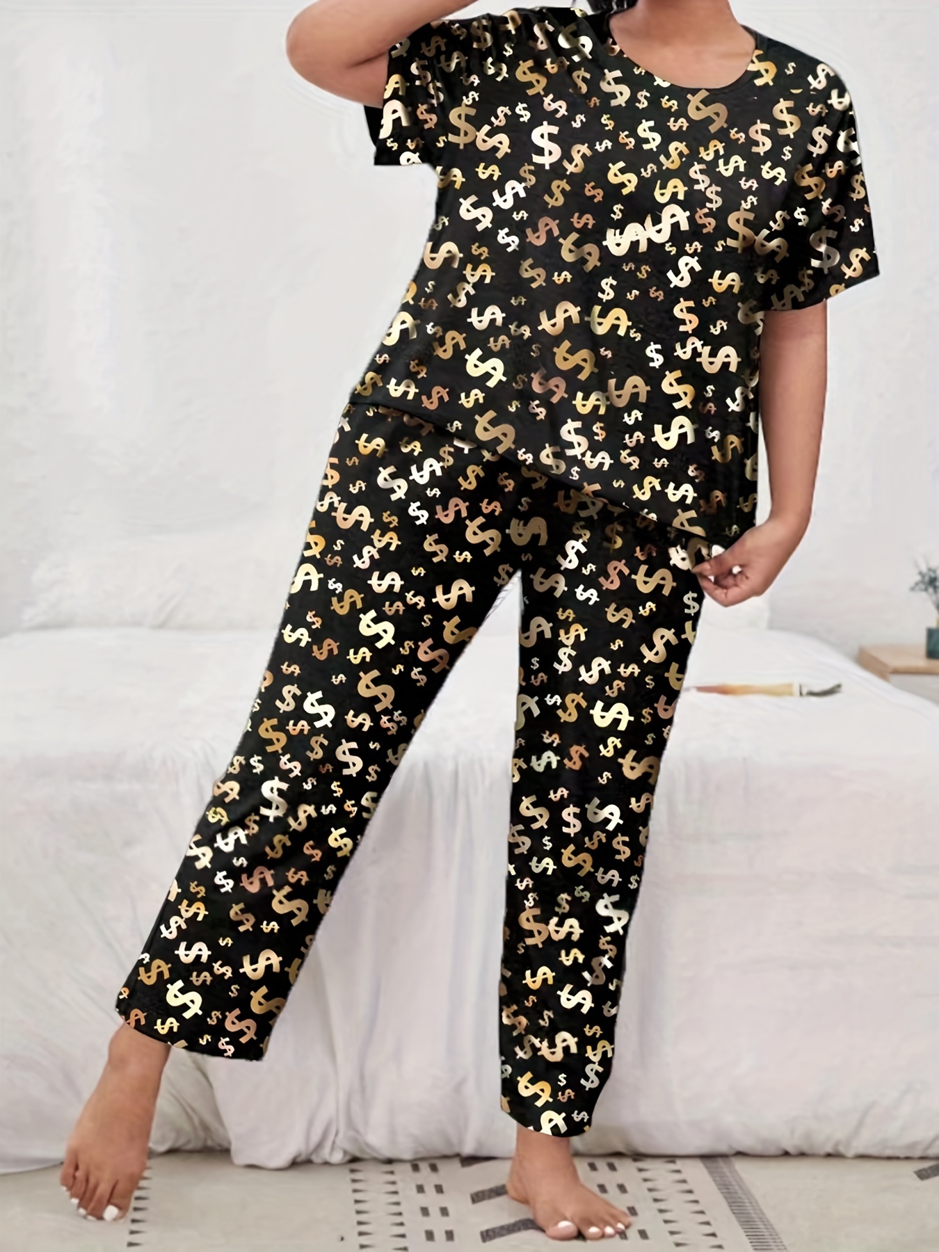 Plus Size Casual Pajamas Set Women s Plus Dollar Print Short Sleeve Top Pants Money Graphic Pajama Two Pieces Set