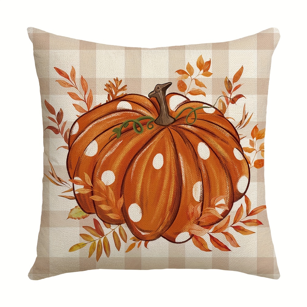 TEMU 1pc Autumn Decorative Throw Pillow Case 17.7 X 17.7 Inches, Thanksgiving Pumpkin Spice Leaves Autumn Decorative Outdoor Farmhouse Checkered