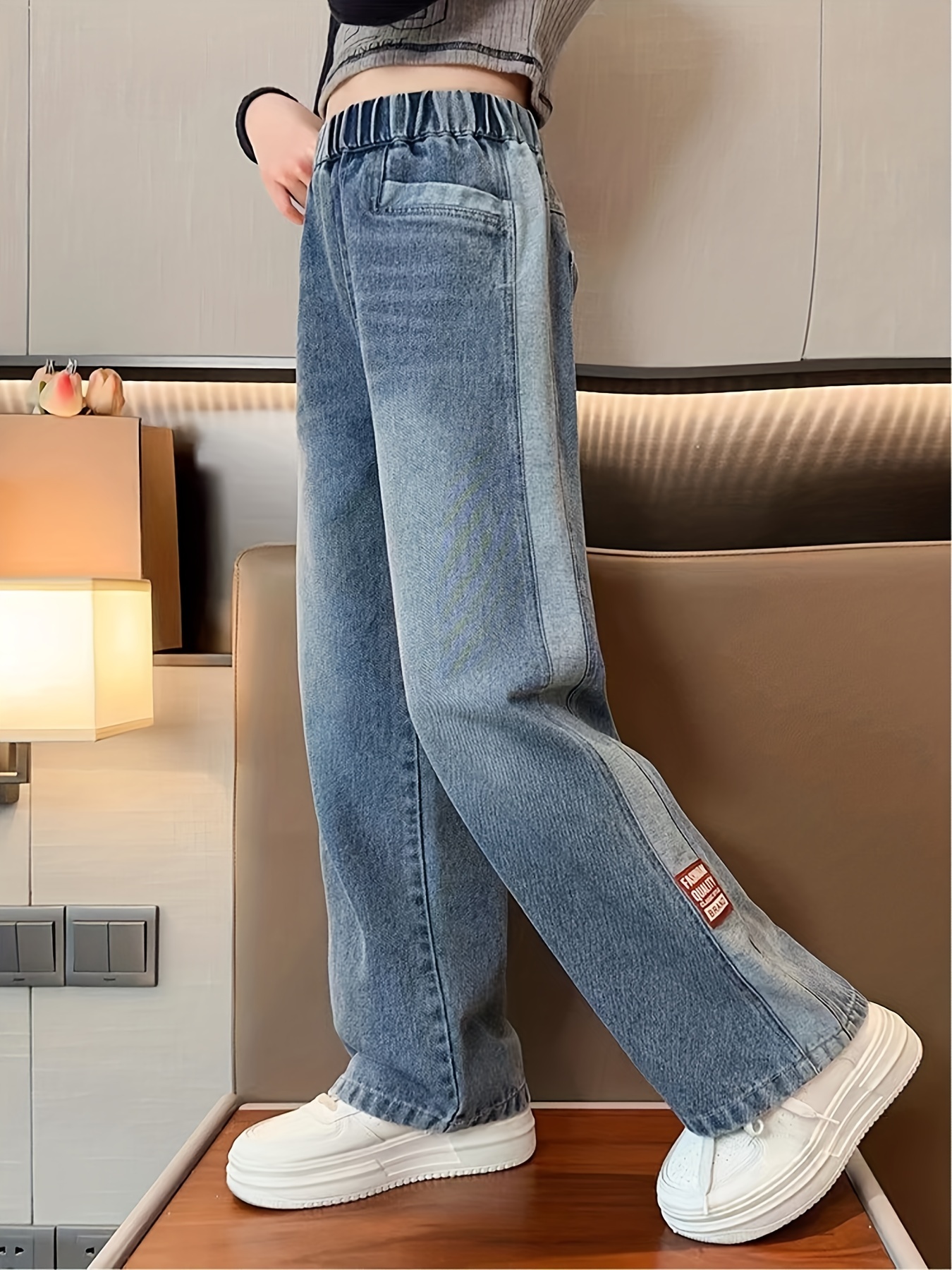 Cheap Teenage Girls Jeans Spring Autumn Casual Fashion Loose Blue Kids Leg  Wide Pants School Children High Waist Trousers