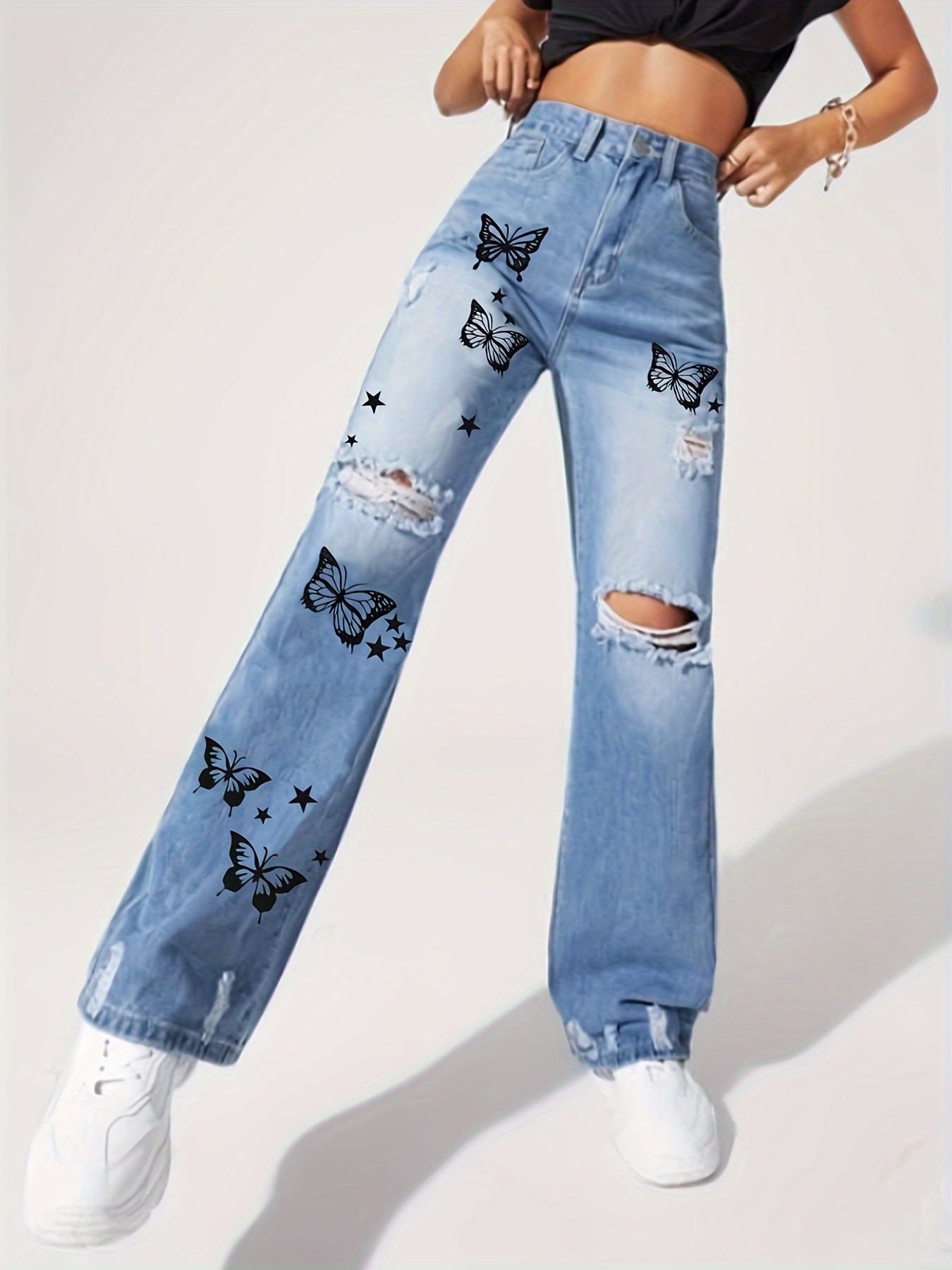Calças jeans retas de cintura alta rasgadas azuis cintura - Temu