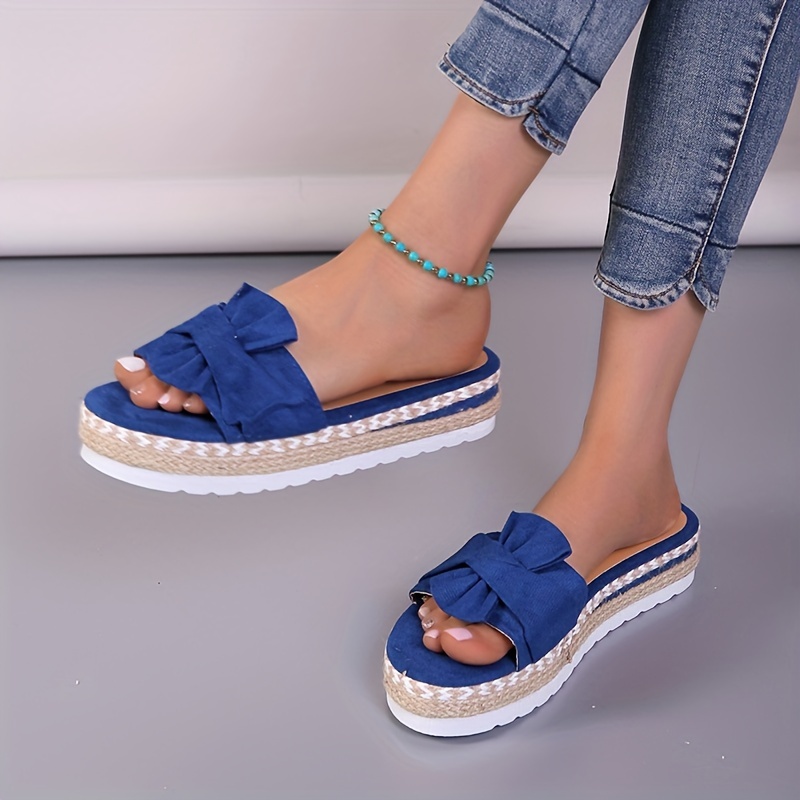 womens platform espadrilles slippers bow open toe solid color anti skid slippers casual beach slides details 5
