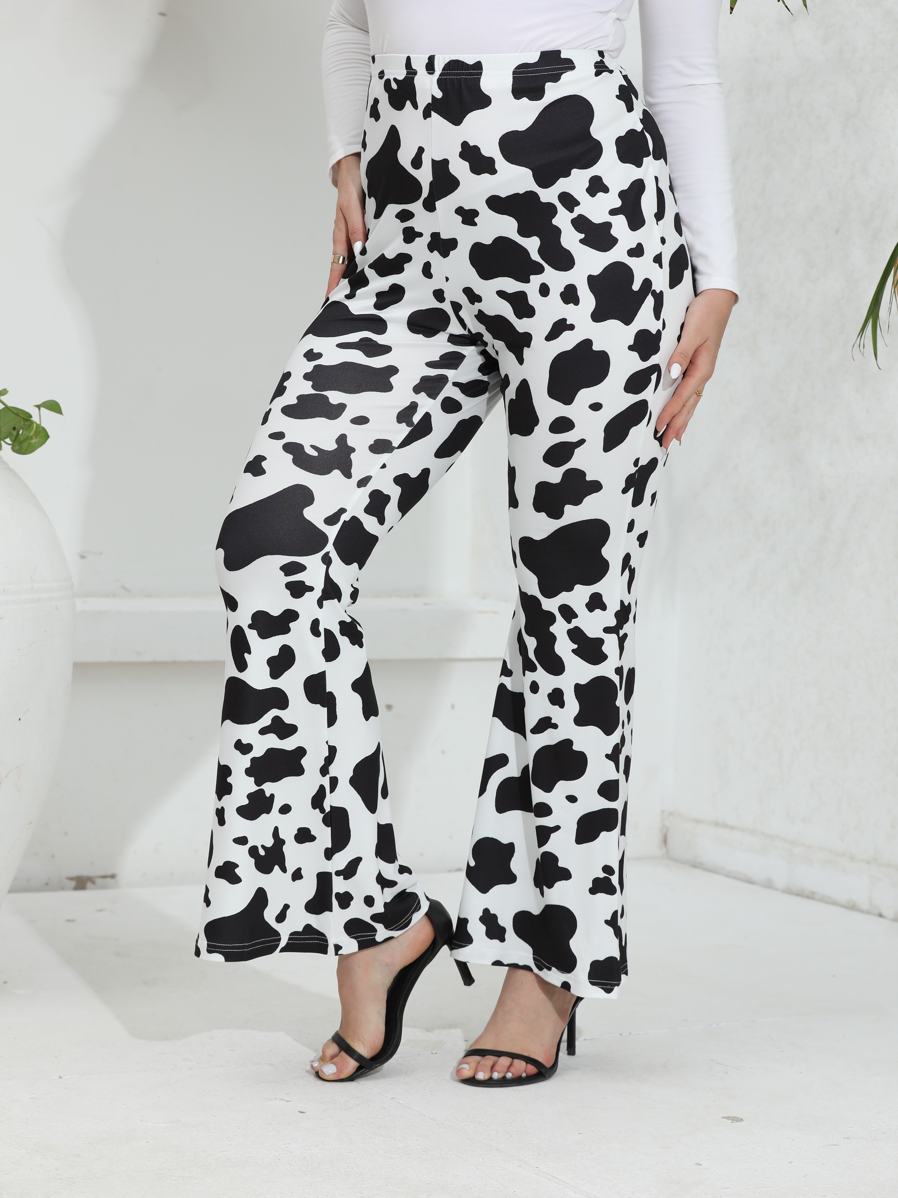 Plus Size Trendy Pants Women's Plus Cow Print Flared Leg - Temu
