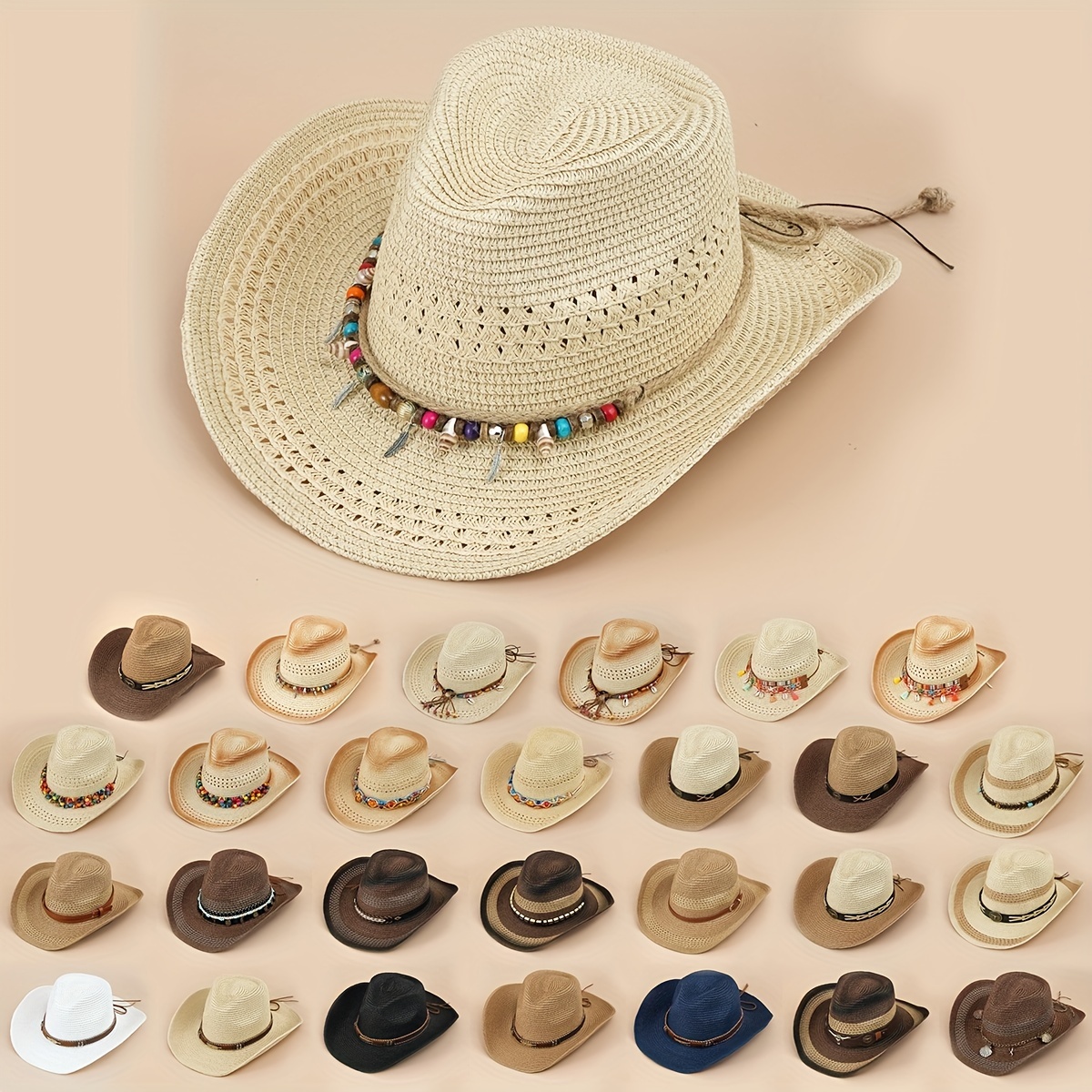 Boho Western Cowboy Straw Hat Outdoor Sunshade Beads Shell Chain Decor Jazz Fedora Cap unisex Vintage Travel Beach Hats for, Beaded Wide Brim Hat