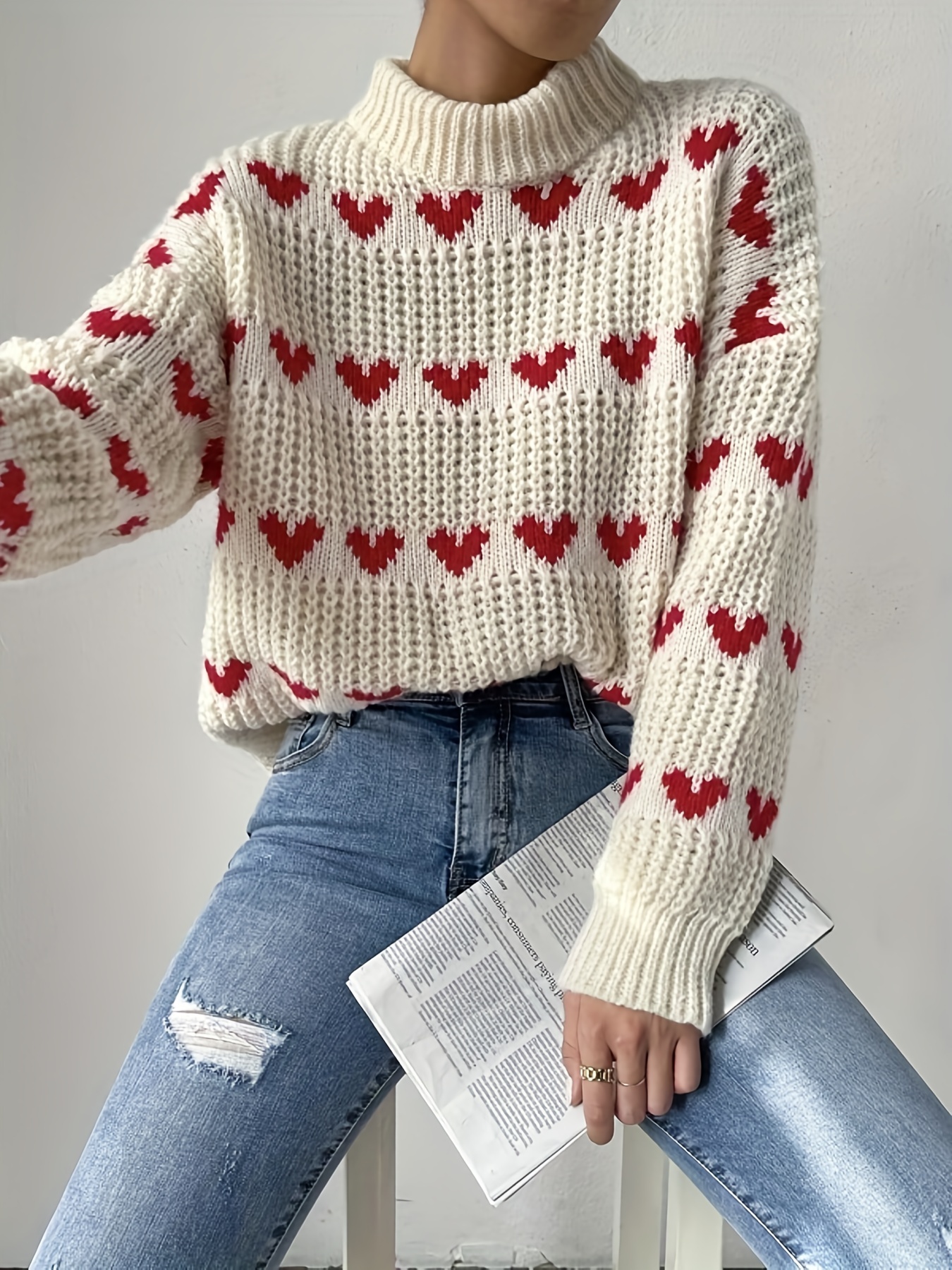 Heart Pattern Turtle Neck Pullover Sweater, Casual Long Sleeve Fall Winter  Sweater, Women's Clothing - Temu