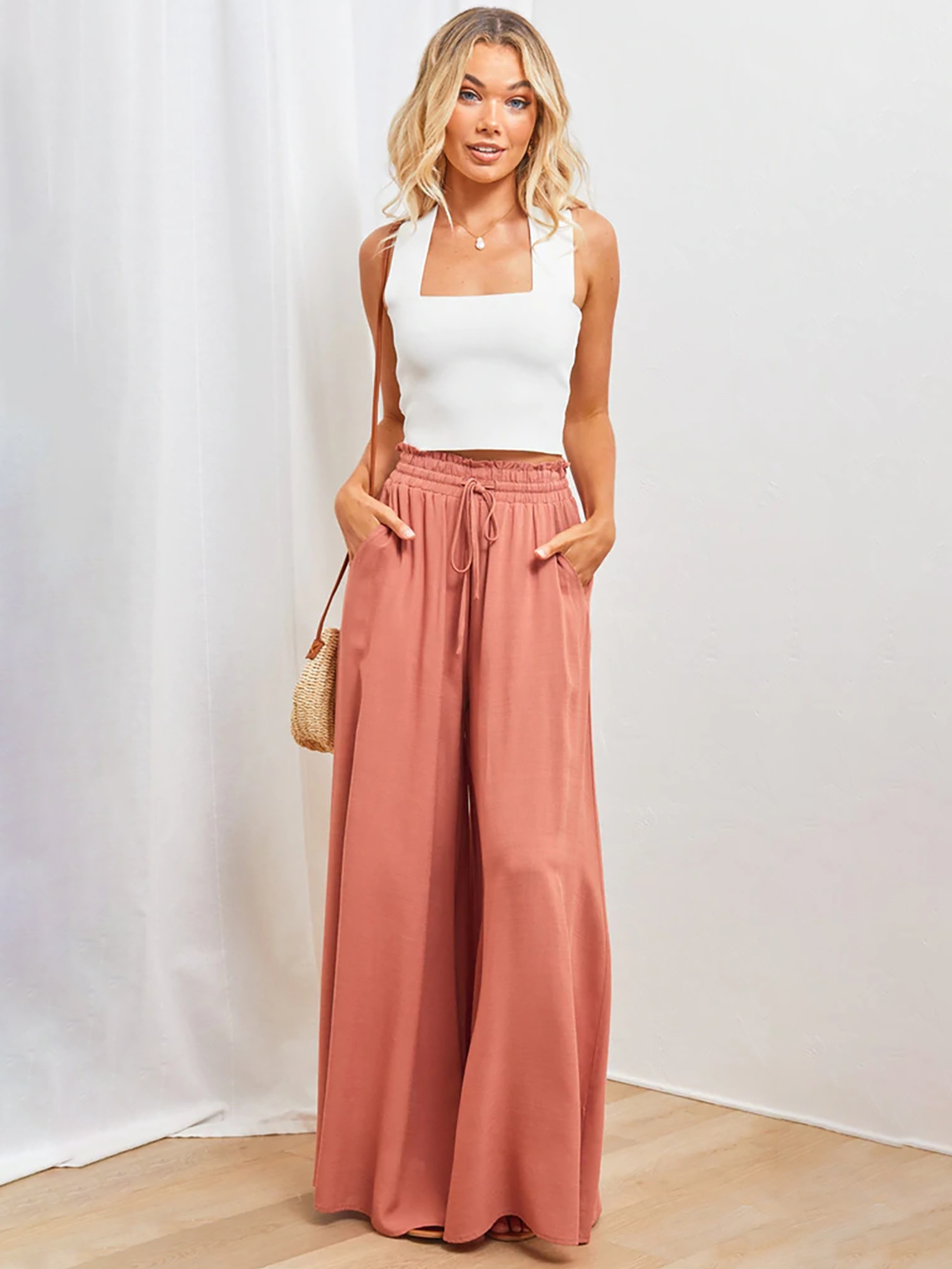 Solid High Waist Drawstring Pants Casual Straight Leg Pants - Temu