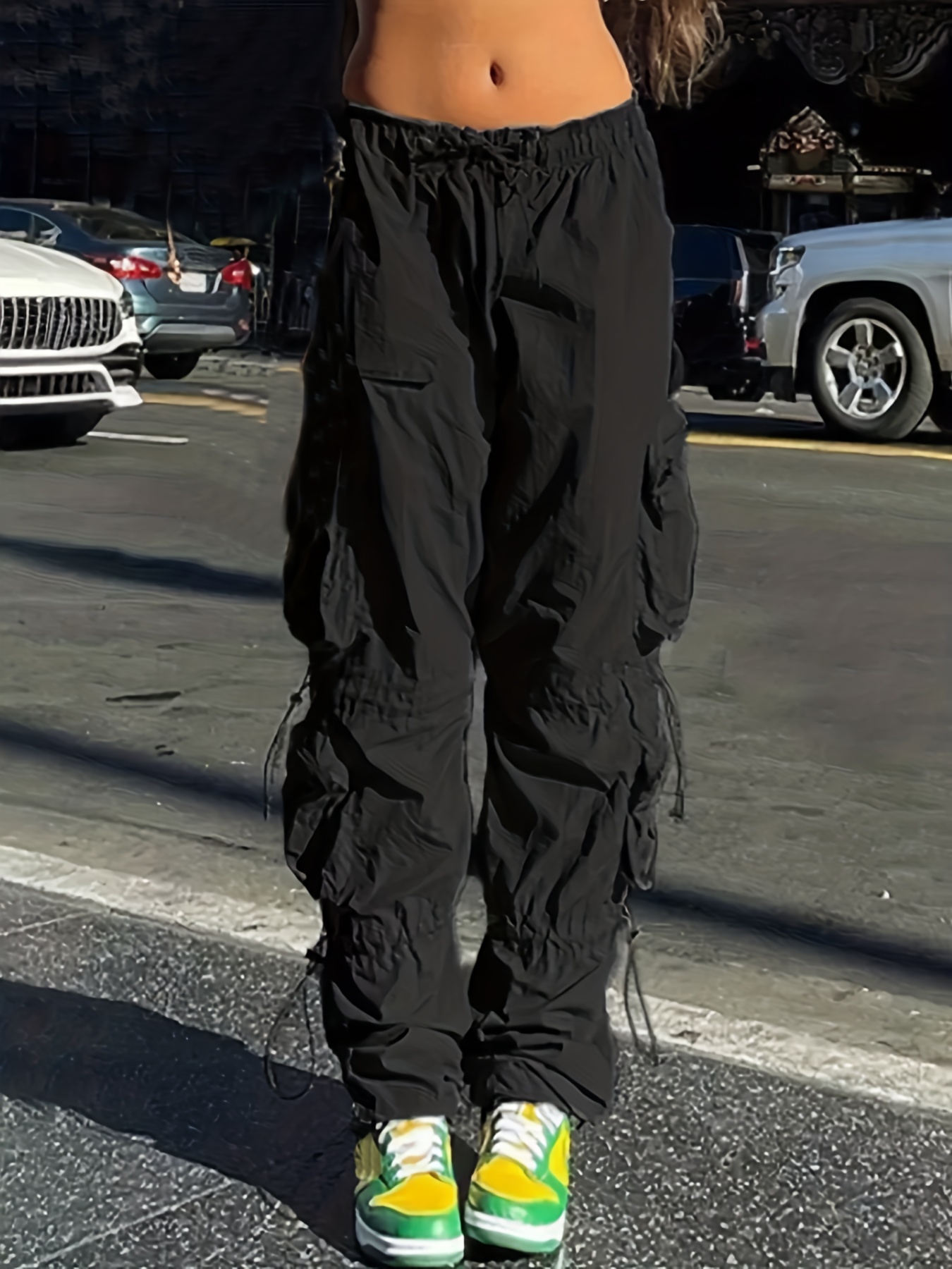 Drawstring Fitted Bottom Cargo Pants Y2k Street Solid Flap - Temu