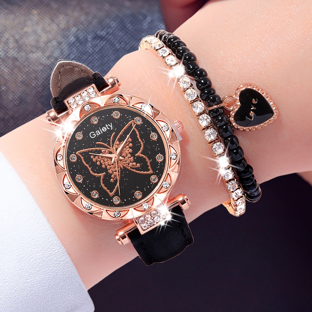 3 ピース/セットレディース腕時計バタフライファッションクォーツ時計光沢のあるラインストーンアナログ腕時計 ブレスレット - Temu Japan