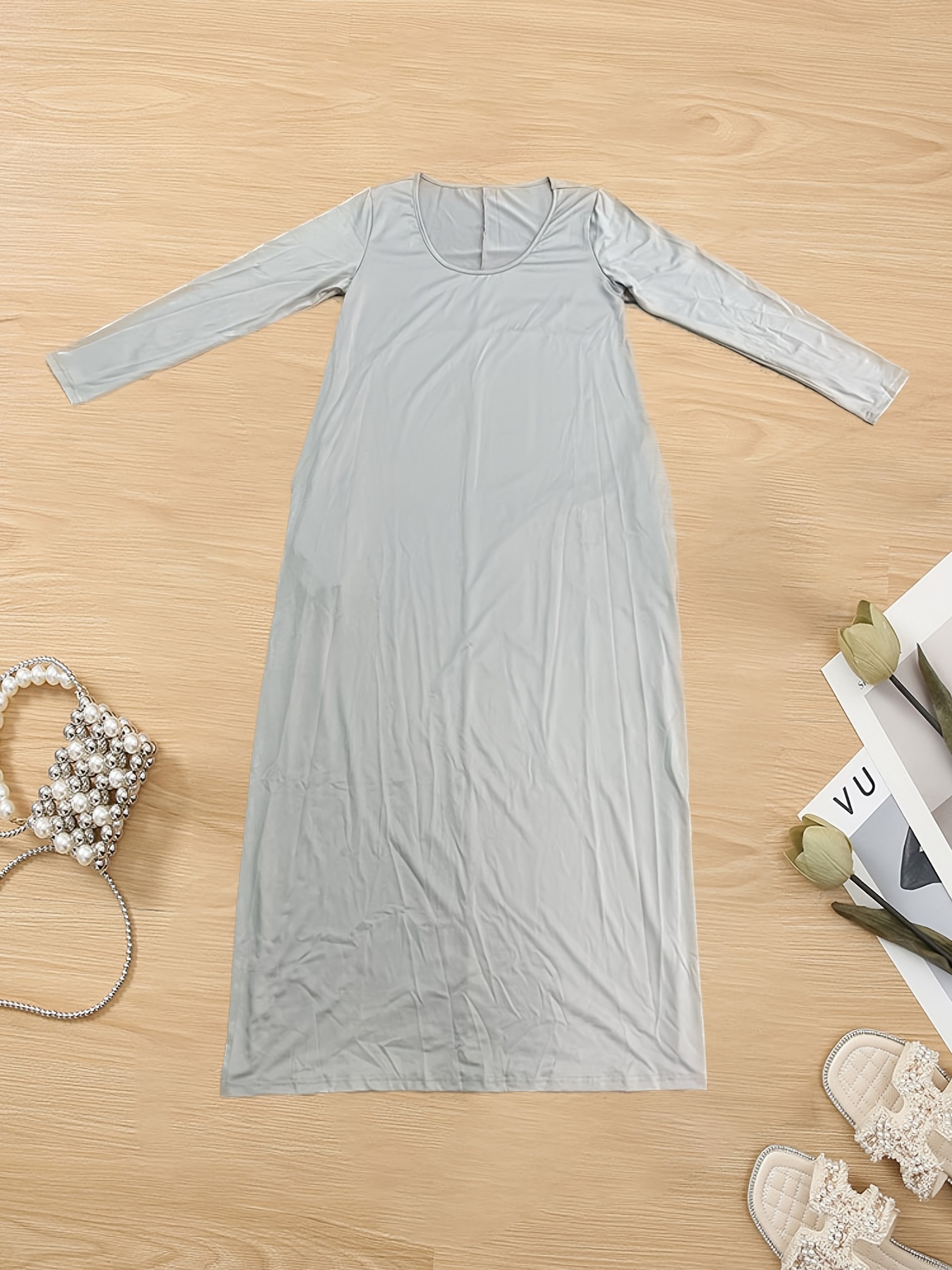 Solid Long Sleeve V Neck Maxi Dress