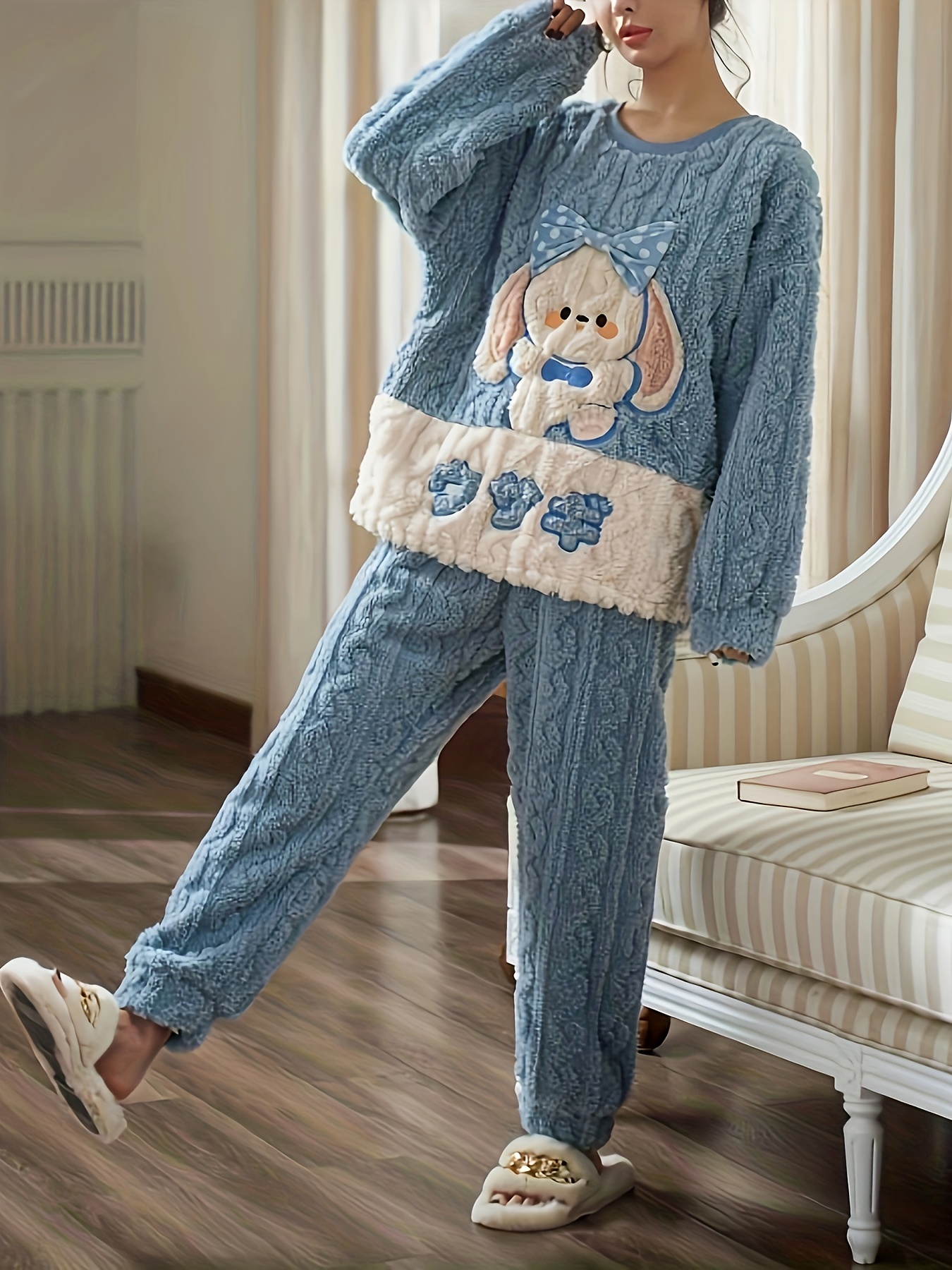 Cartoon Animal Print Pajama Set Long Sleeve Button Top - Temu