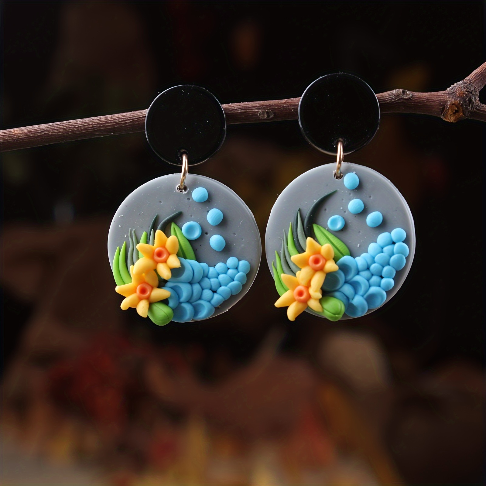 Handmade Polymer Clay Pendant Dangle Earrings with Pretty Brown Flower Simple Leisure Style Creative Gifts for Women Girls,2373,free returns&free