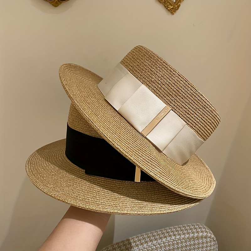 Wide Brim Flat Top Hat, Summer Sun Protection Straw Hat with Faux Pearl Decor for Women,Temu